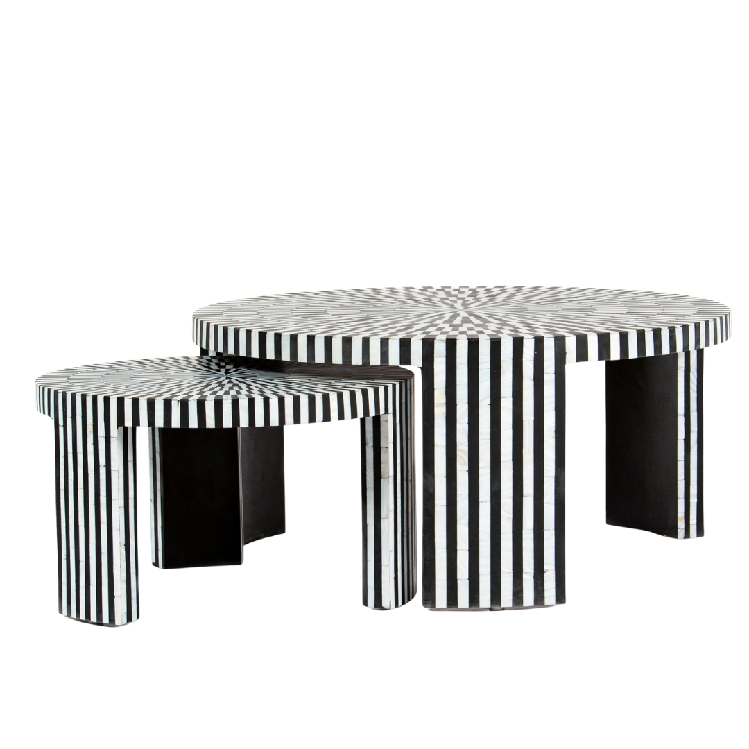 Black and white geometric mother of pearl inlay coffee table with radial top and striped base, handcrafted by Tabeer Homes.