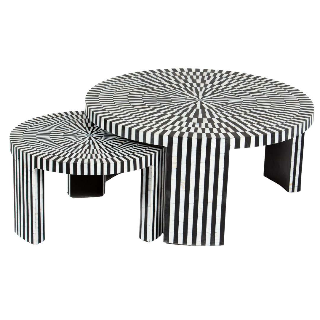 Black and white geometric mother of pearl inlay coffee table with radial top and striped base, handcrafted by Tabeer Homes.