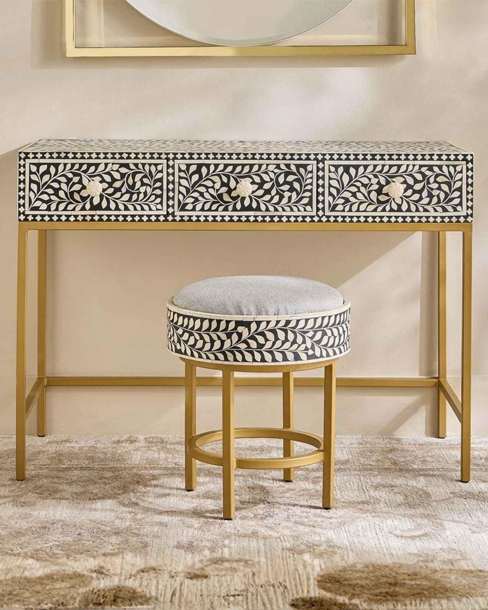 Seema Dresser Console & Stool - Black & White Bone Inlay - Tabeer Homes