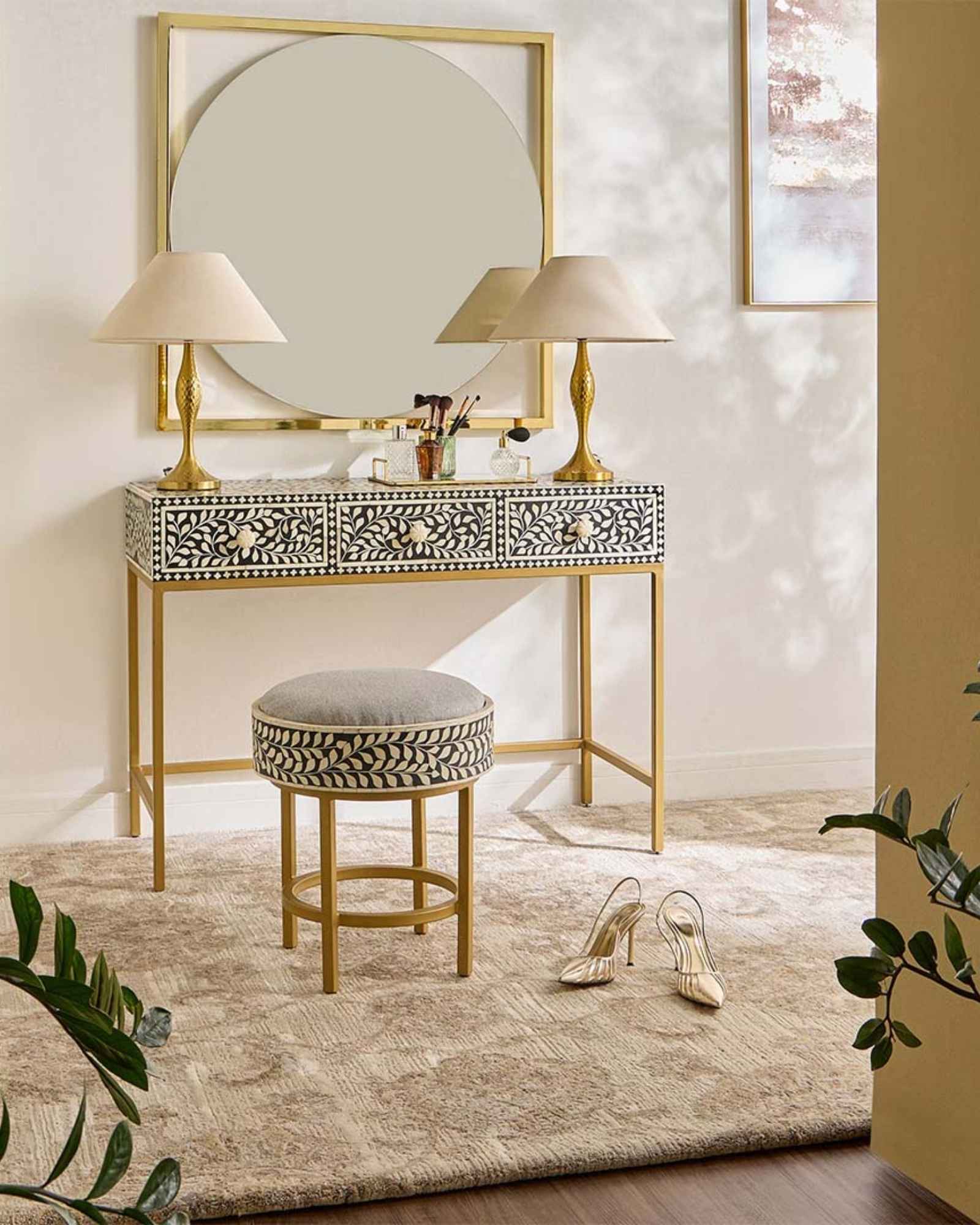 Seema Dresser Console & Stool - Black & White Bone Inlay - Tabeer Homes