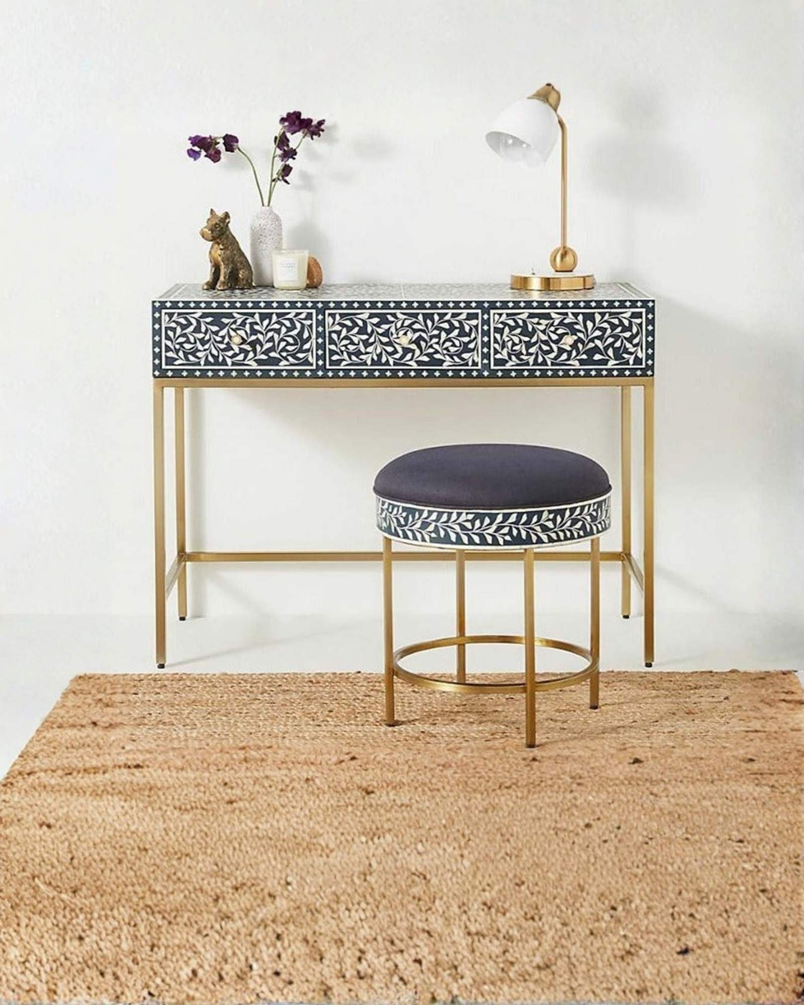 Seema Dresser Console & Stool - Navy Blue Bone Inlay - Tabeer Homes