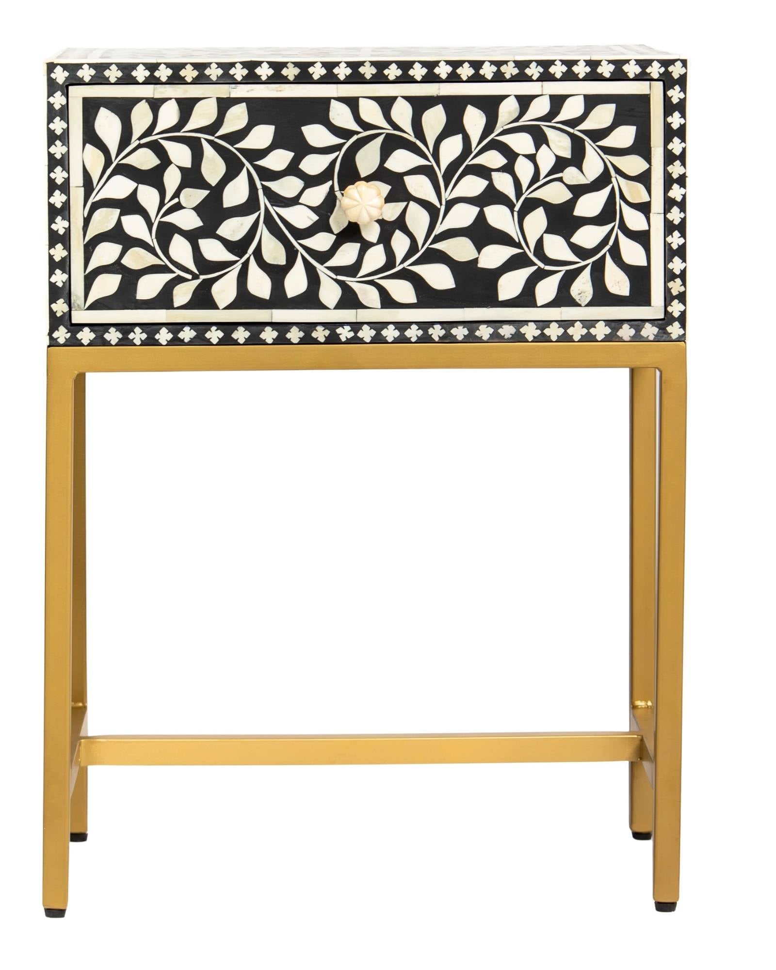 Bone inlay side drawer featuring floral vine pattern in black and white with metal base, handcrafted furniture piece