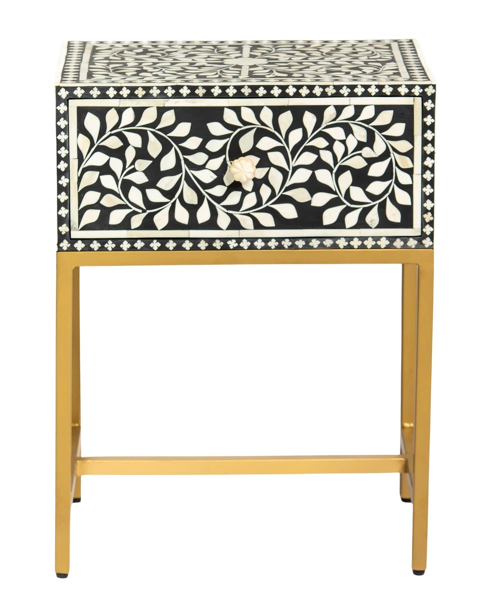 Bone inlay side drawer featuring floral vine pattern in black and white with metal base, handcrafted furniture piece