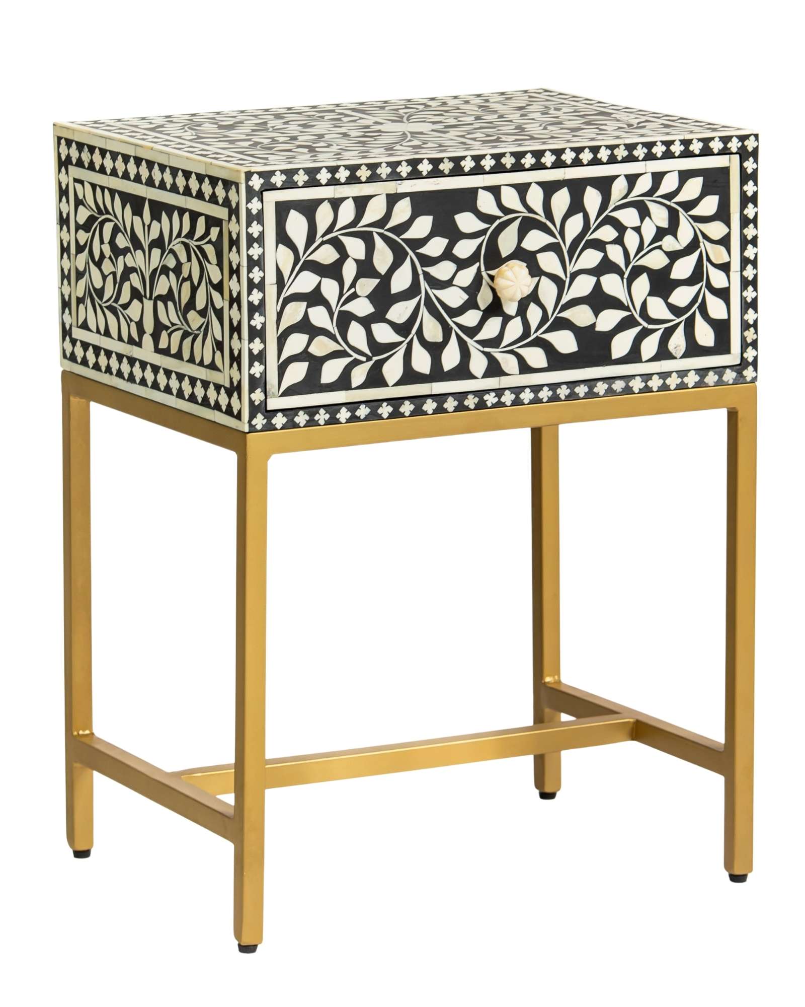 Bone inlay side drawer featuring floral vine pattern in black and white with metal base, handcrafted furniture piece