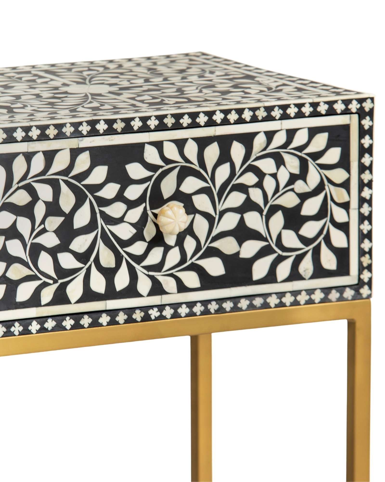 Bone inlay side drawer featuring floral vine pattern in black and white with metal base, handcrafted furniture piece