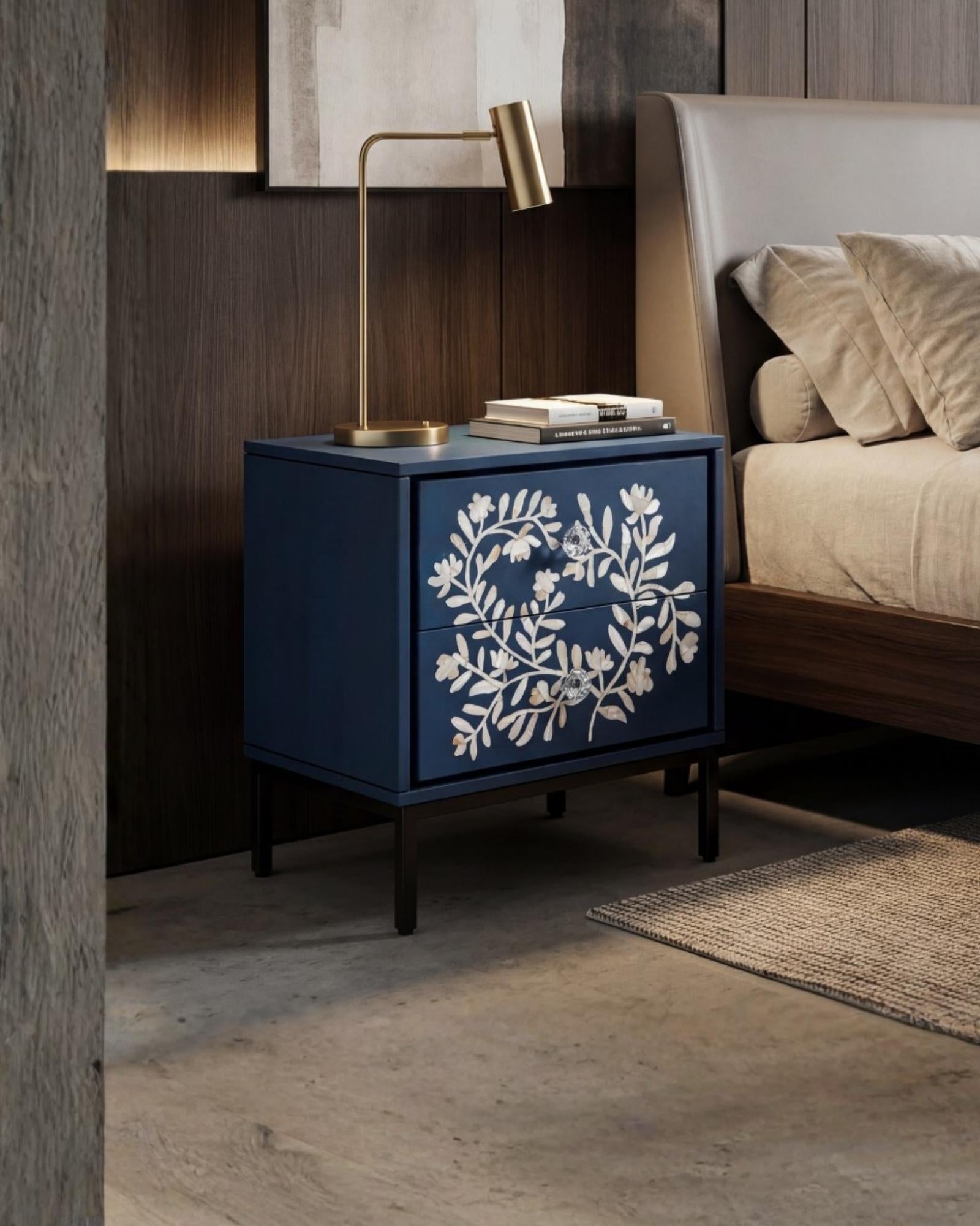 Blue mother of pearl inlay side drawer with floral pattern, handcrafted wooden bedside table with two drawers and metal base
