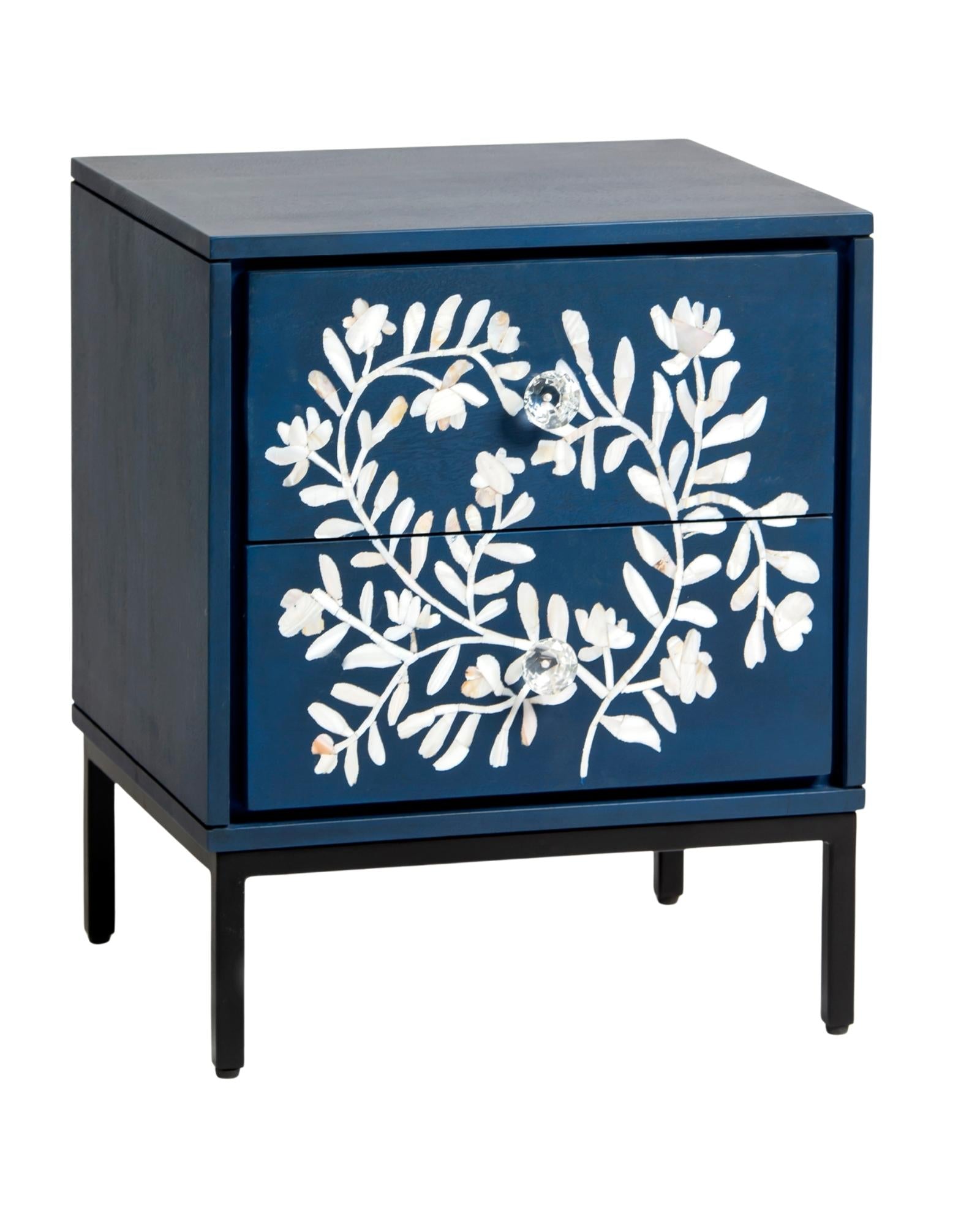 Blue mother of pearl inlay side drawer with floral pattern, handcrafted wooden bedside table with two drawers and metal base
