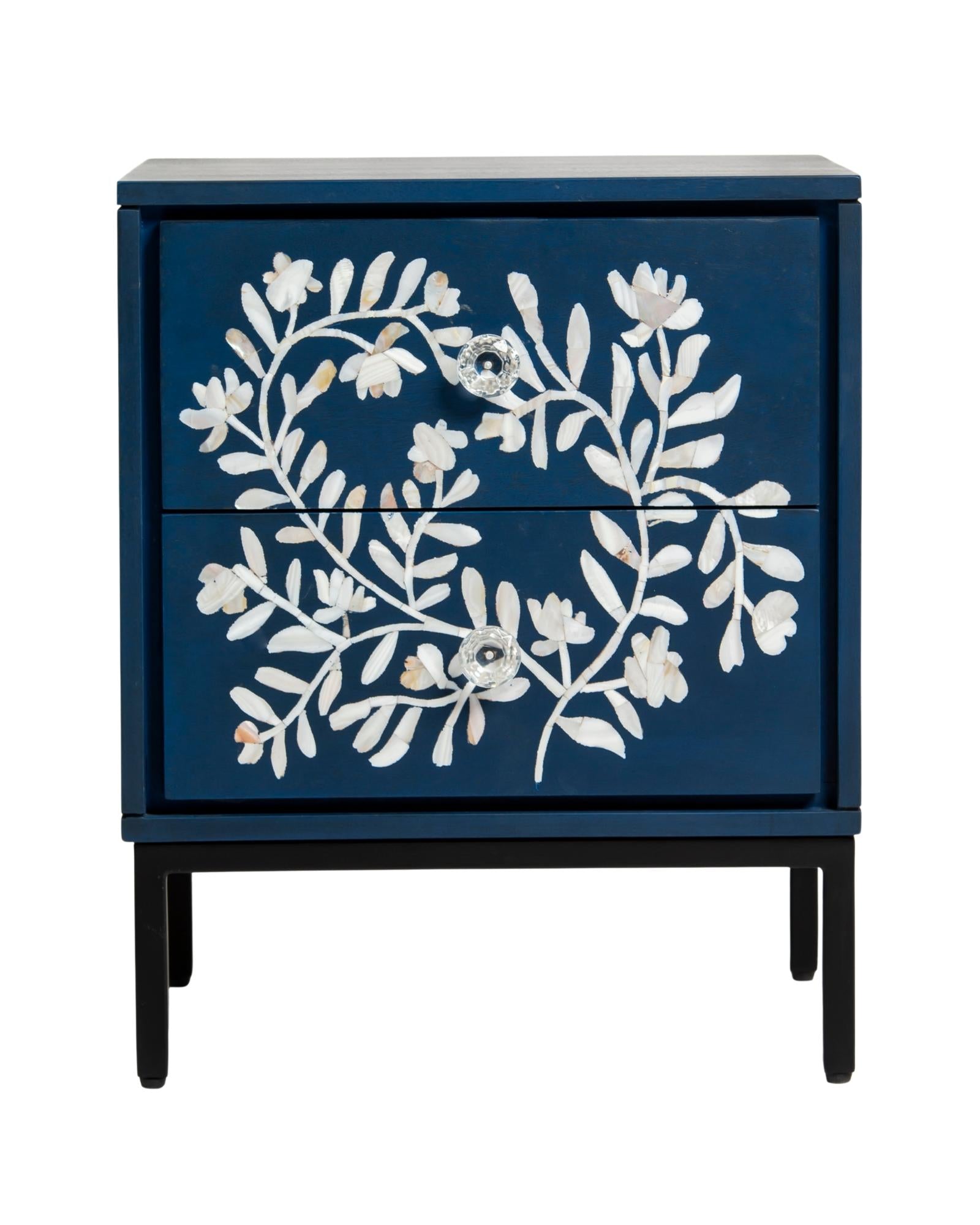 Blue mother of pearl inlay side drawer with floral pattern, handcrafted wooden bedside table with two drawers and metal base
