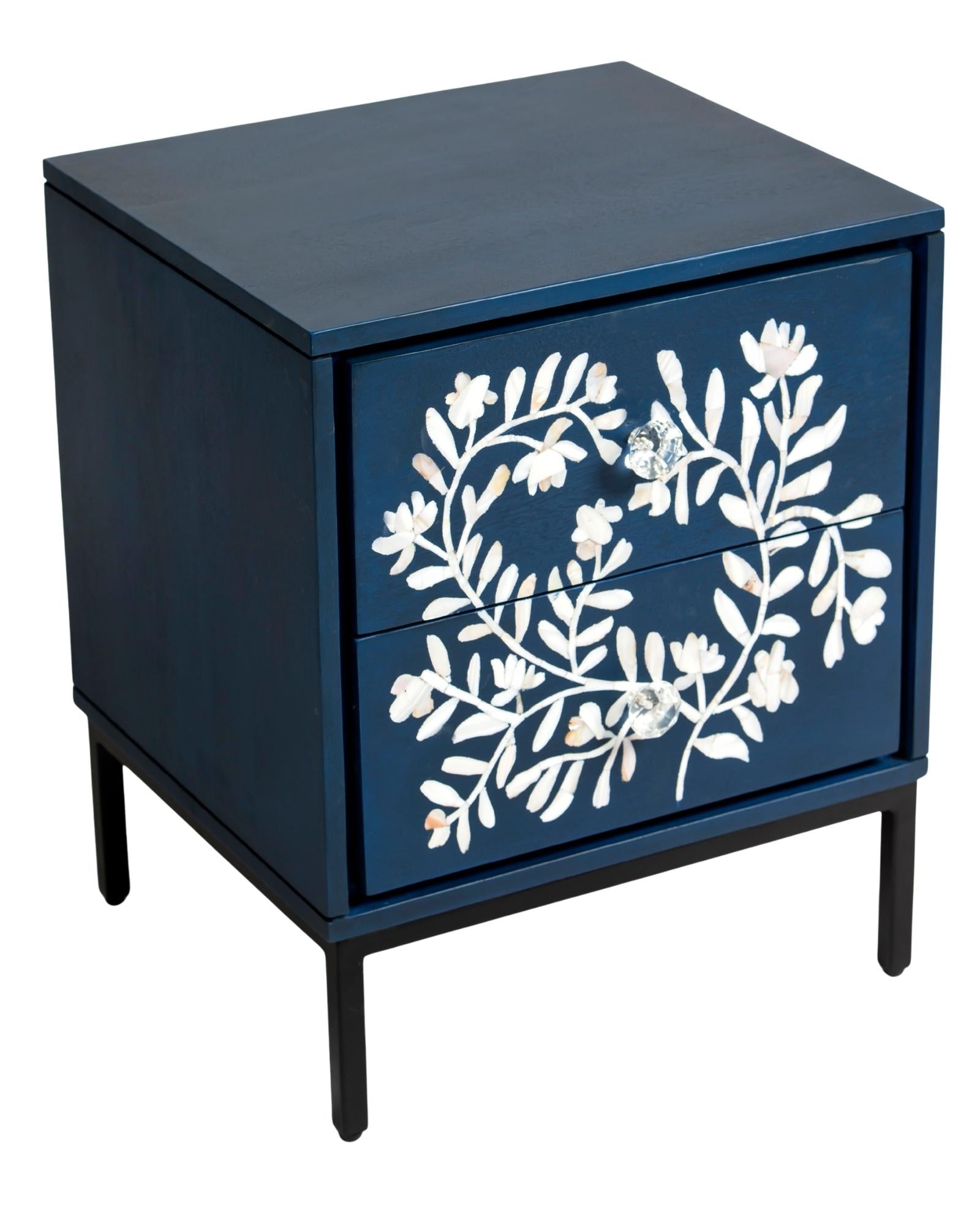Blue mother of pearl inlay side drawer with floral pattern, handcrafted wooden bedside table with two drawers and metal base

