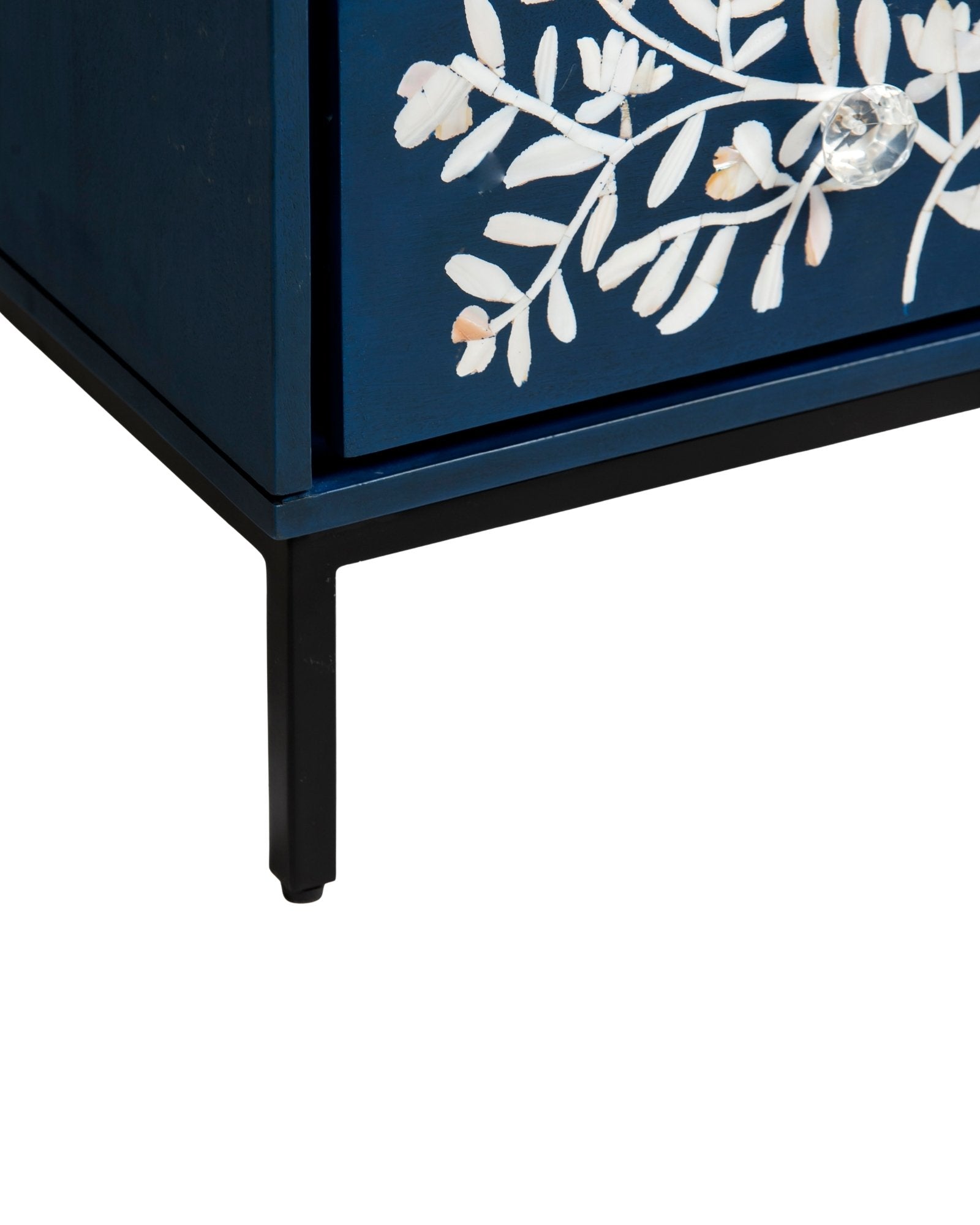 Blue mother of pearl inlay side drawer with floral pattern, handcrafted wooden bedside table with two drawers and metal base
