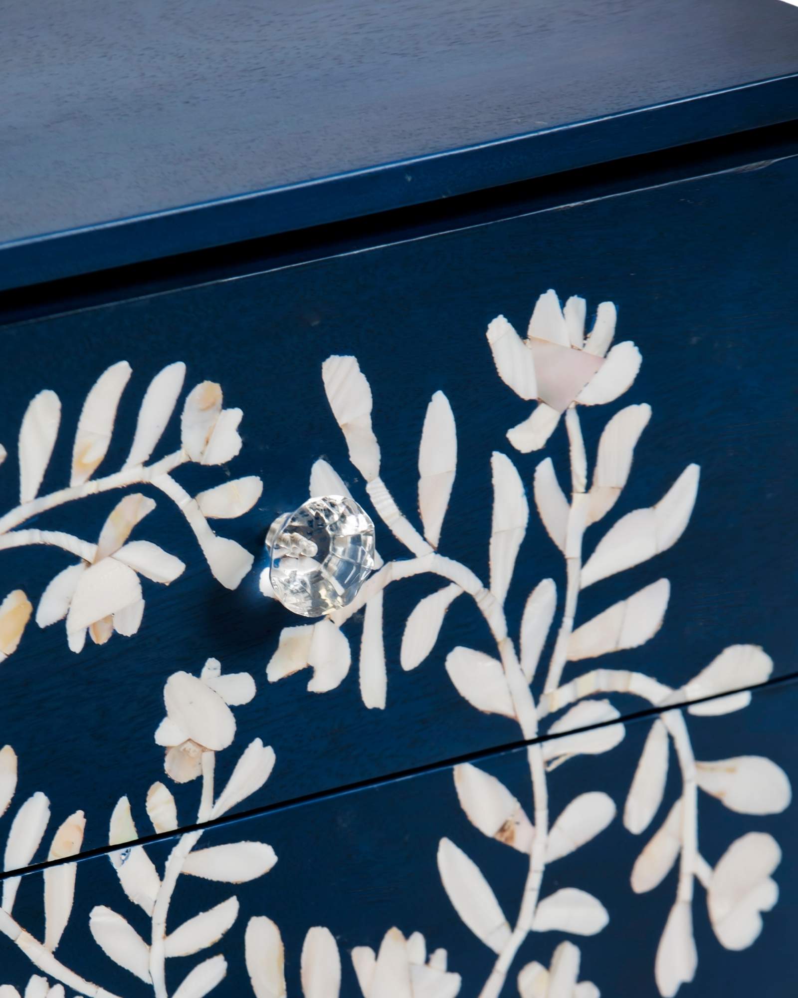 Blue mother of pearl inlay side drawer with floral pattern, handcrafted wooden bedside table with two drawers and metal base

