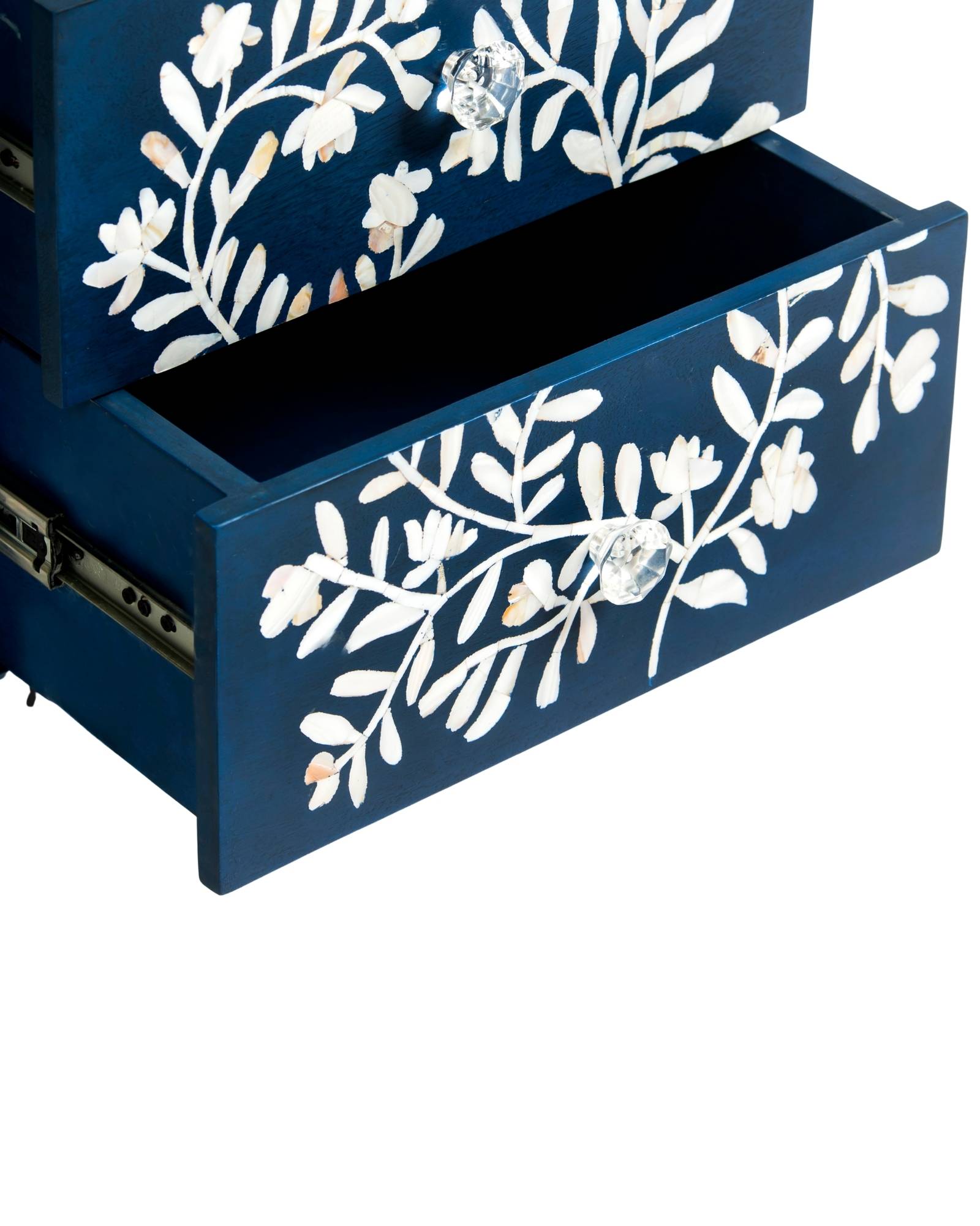 Blue mother of pearl inlay side drawer with floral pattern, handcrafted wooden bedside table with two drawers and metal base
