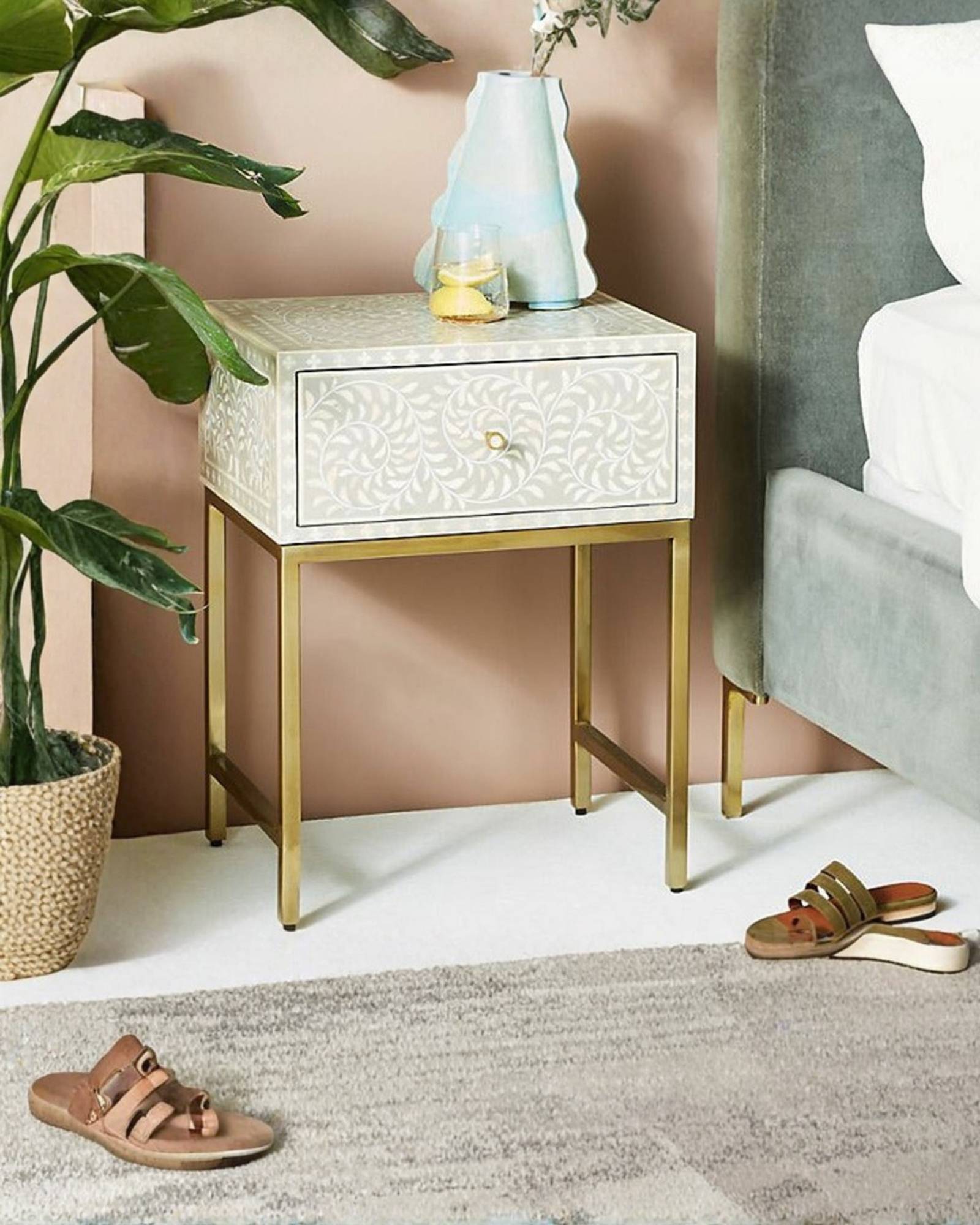 Seema Side Drawer - Grey Bone Inlay - Tabeer Homes