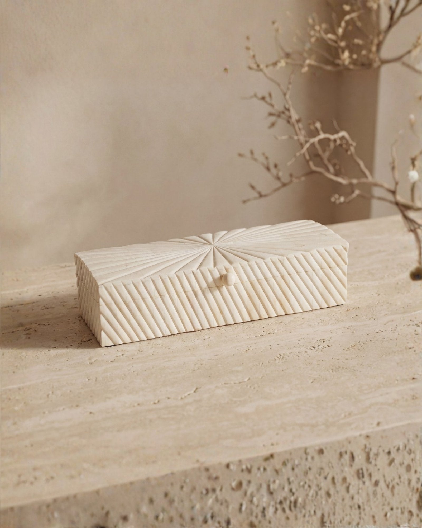 Hand carved bone decorative box with geometric texture, rectangular storage box in natural ivory finish.