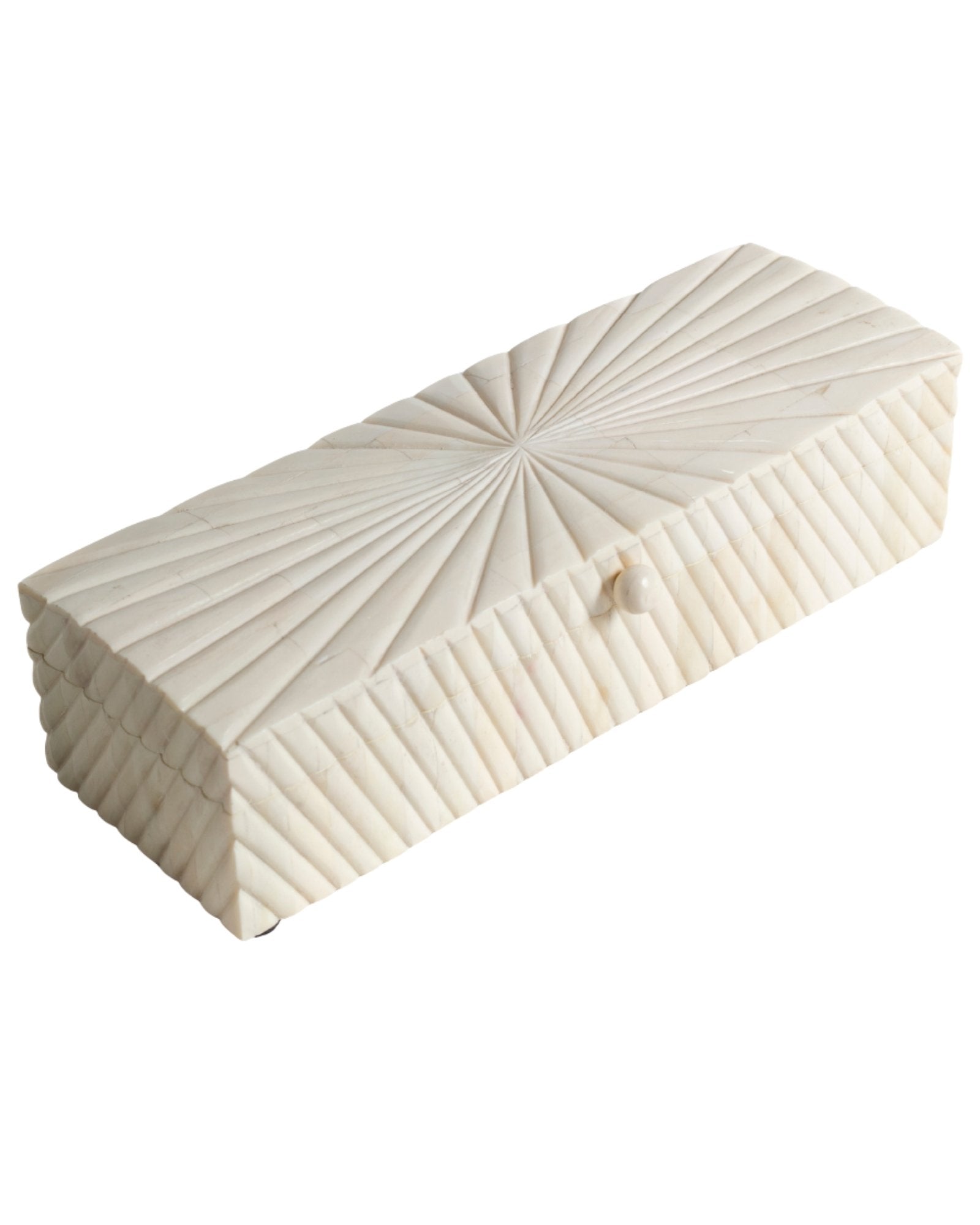 Hand carved bone decorative box with geometric texture, rectangular storage box in natural ivory finish.