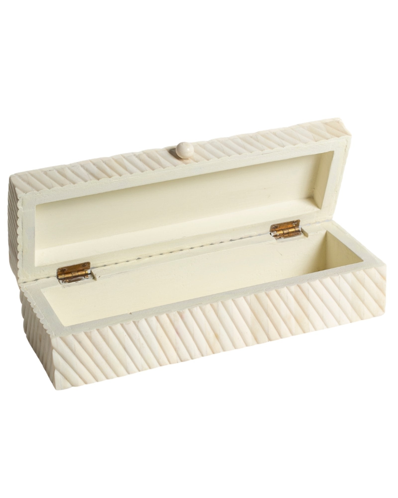 Hand carved bone decorative box with geometric texture, rectangular storage box in natural ivory finish.