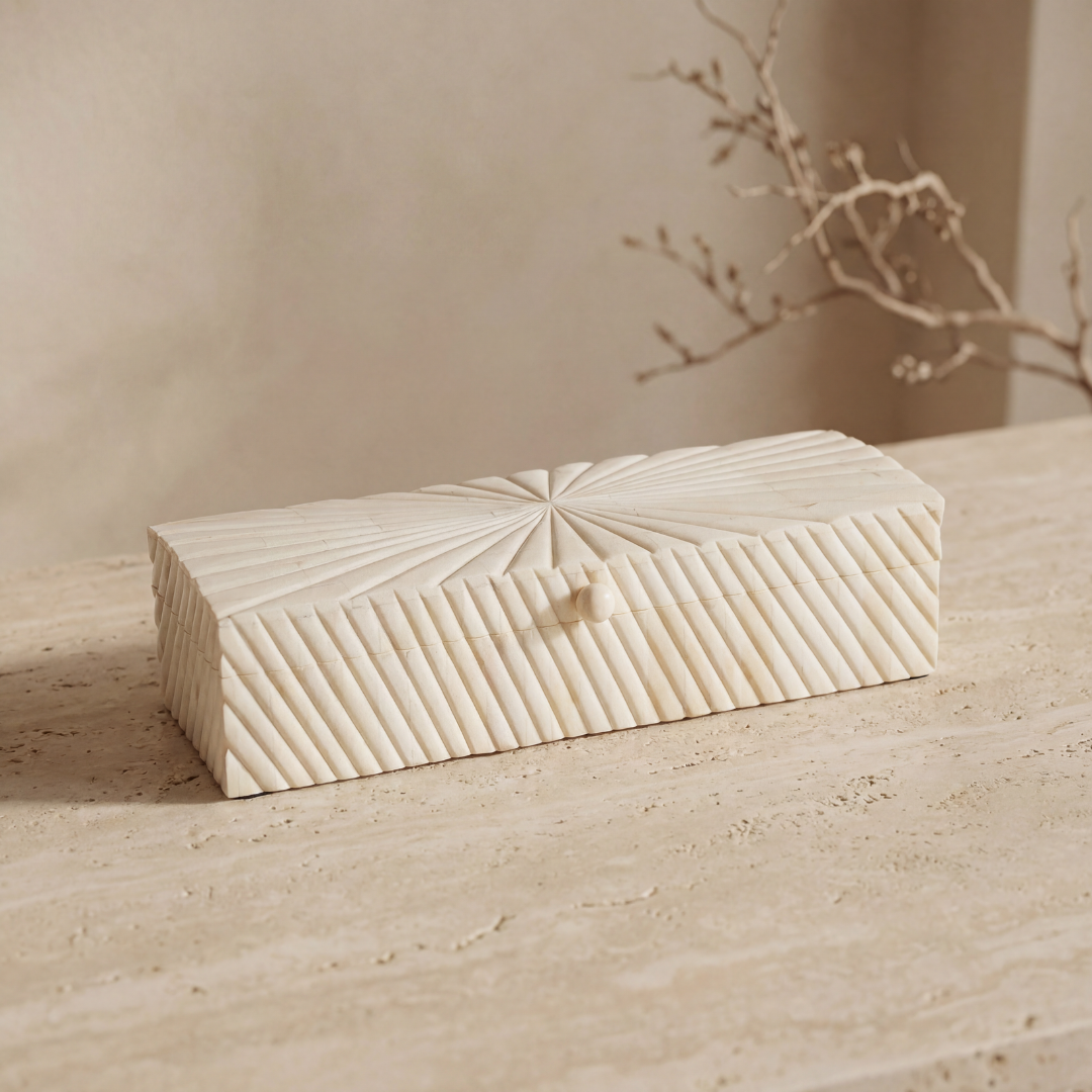 Hand carved bone decorative box with geometric texture, rectangular storage box in natural ivory finish