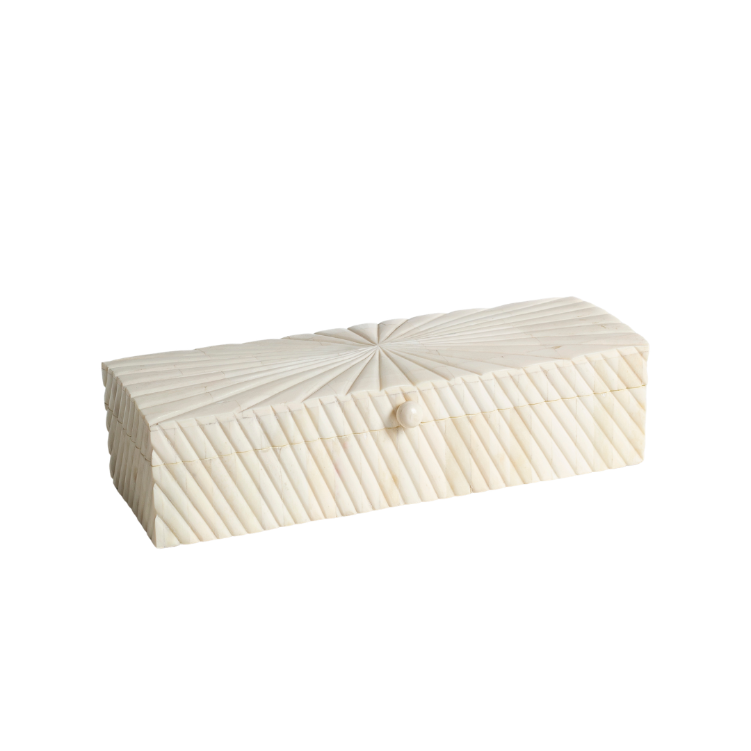 Hand carved bone decorative box with geometric texture, rectangular storage box in natural ivory finish