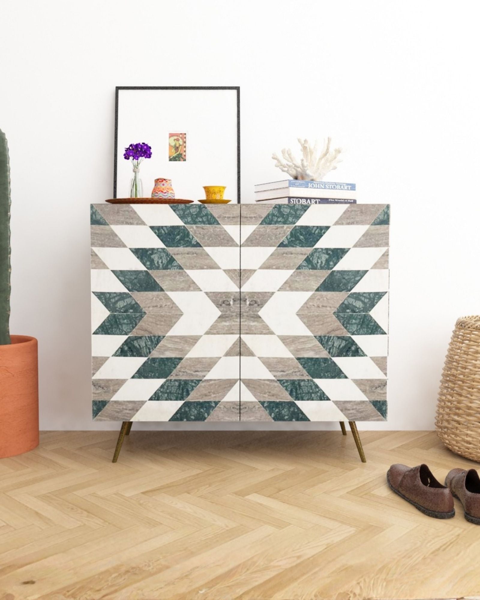 Handcrafted green, beige and white cabinet with intricate Marble Geometric Pattern, featuring sleek metal legs. A luxurious storage solution for any space.