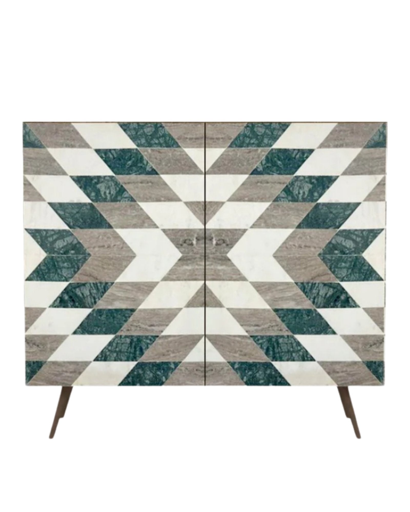 Handcrafted green, beige and white cabinet with intricate Marble Geometric Pattern, featuring sleek metal legs. A luxurious storage solution for any space.