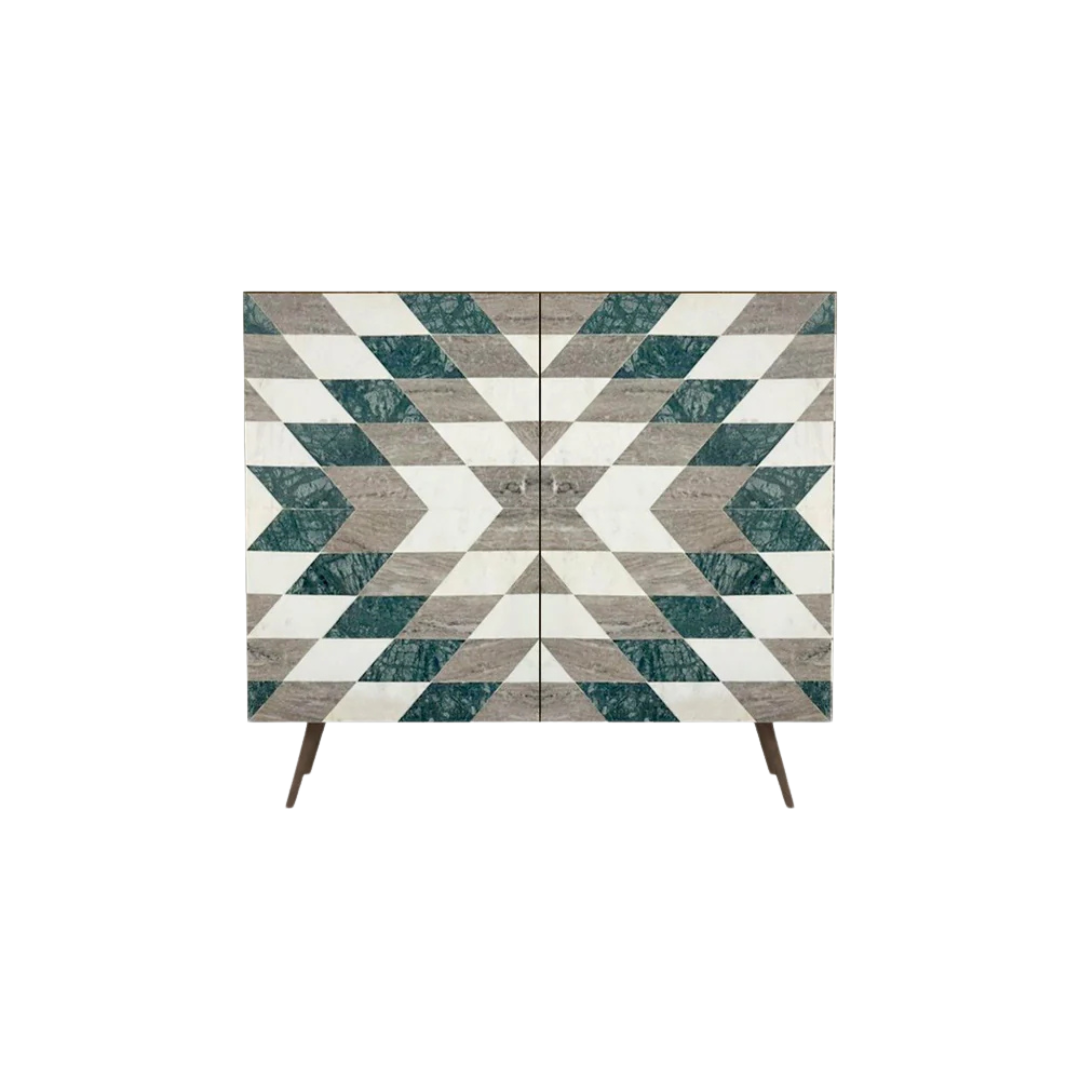Handcrafted green, beige and white cabinet with intricate Marble Geometric Pattern, featuring sleek metal legs. A luxurious storage solution for any space.