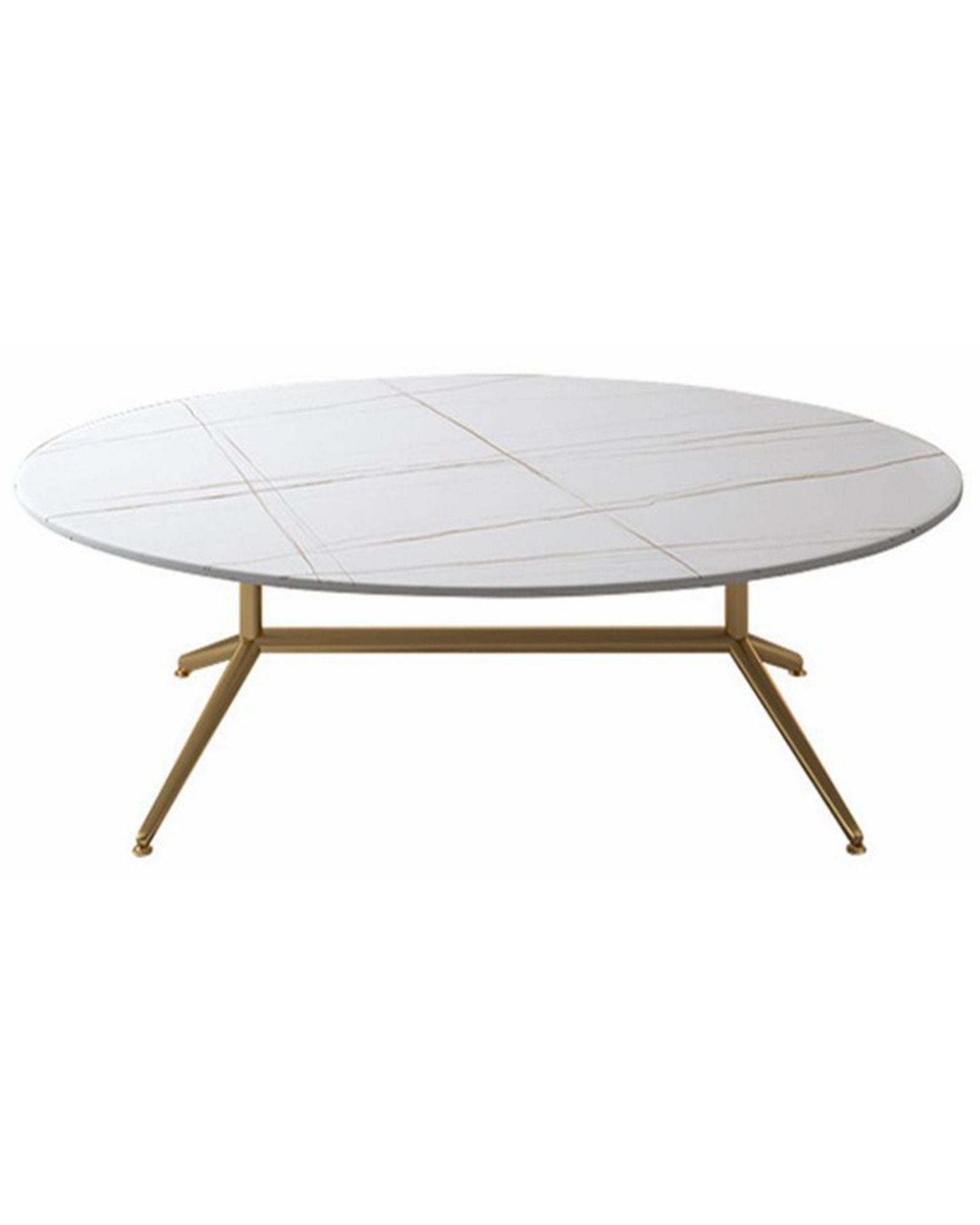 Oval white marble coffee table with subtle gold vein detailing and sleek gold legs. A modern and elegant addition to any living space.