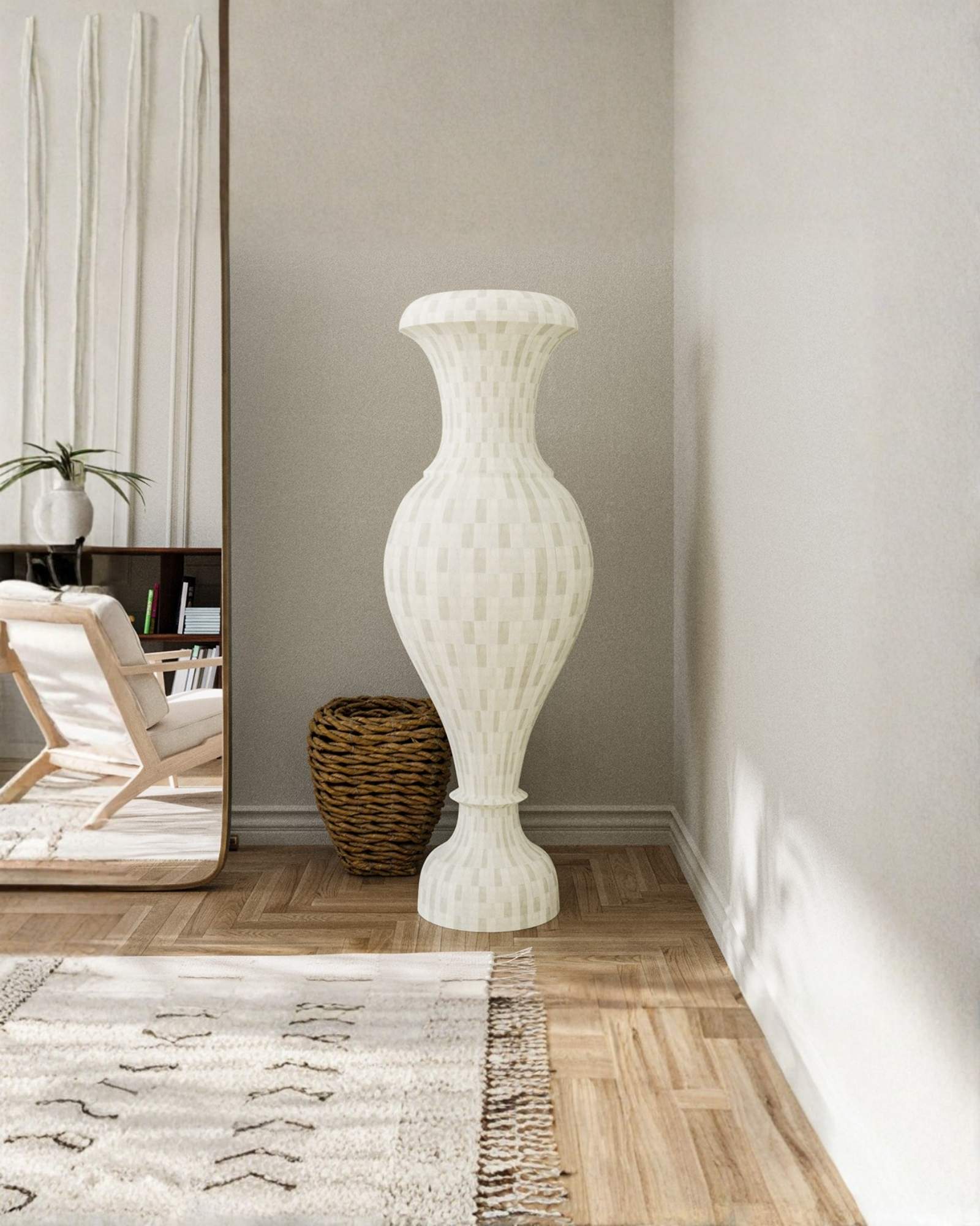 Tall handcrafted bone inlay vase featuring a checkered white neck and base.