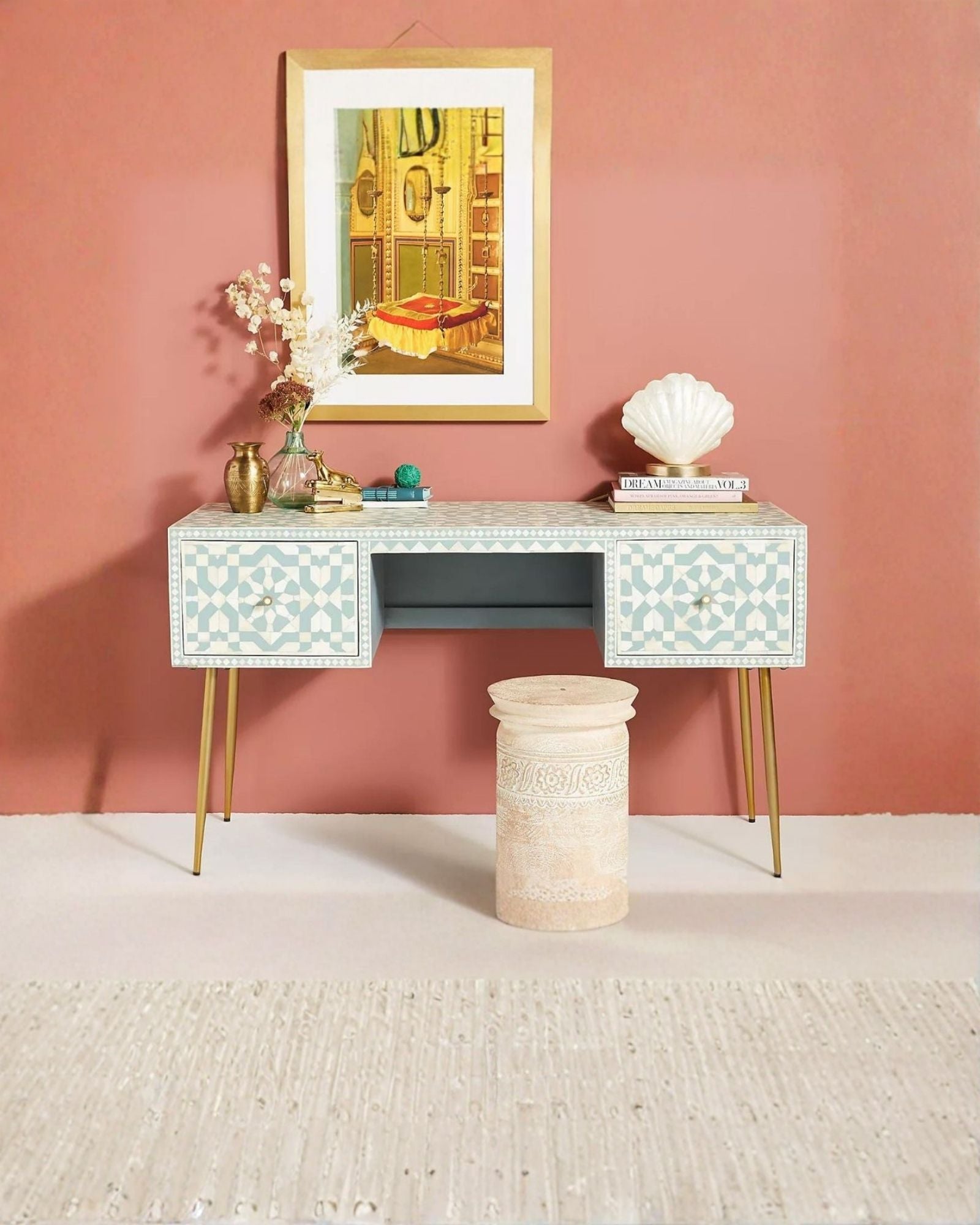 Taara Console Desk - Green Bone Inlay - Tabeer Homes