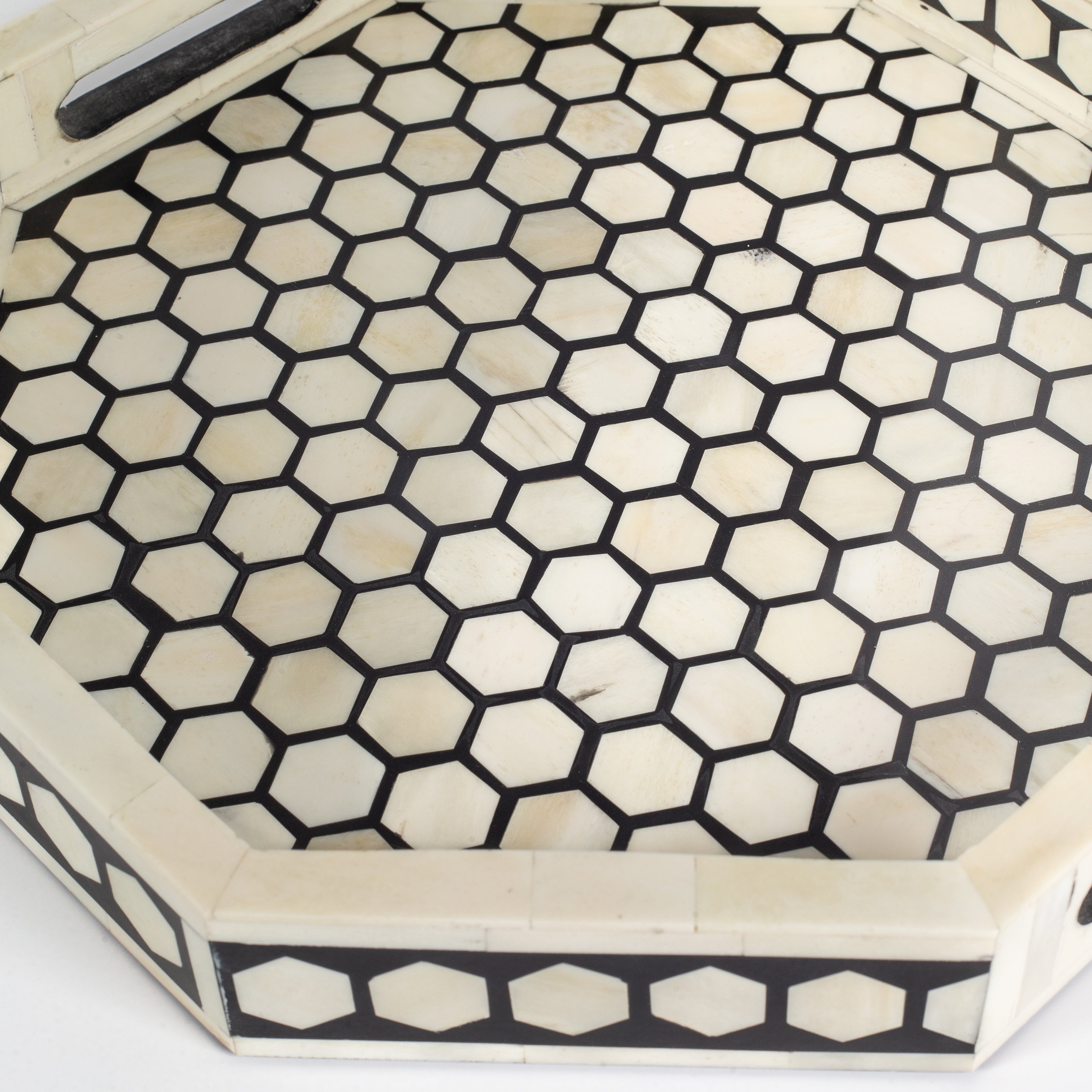 Vaan Tray – Black Bone Inlay by Tabeer Homes, handcrafted geometric bone-inlay decorative tray.