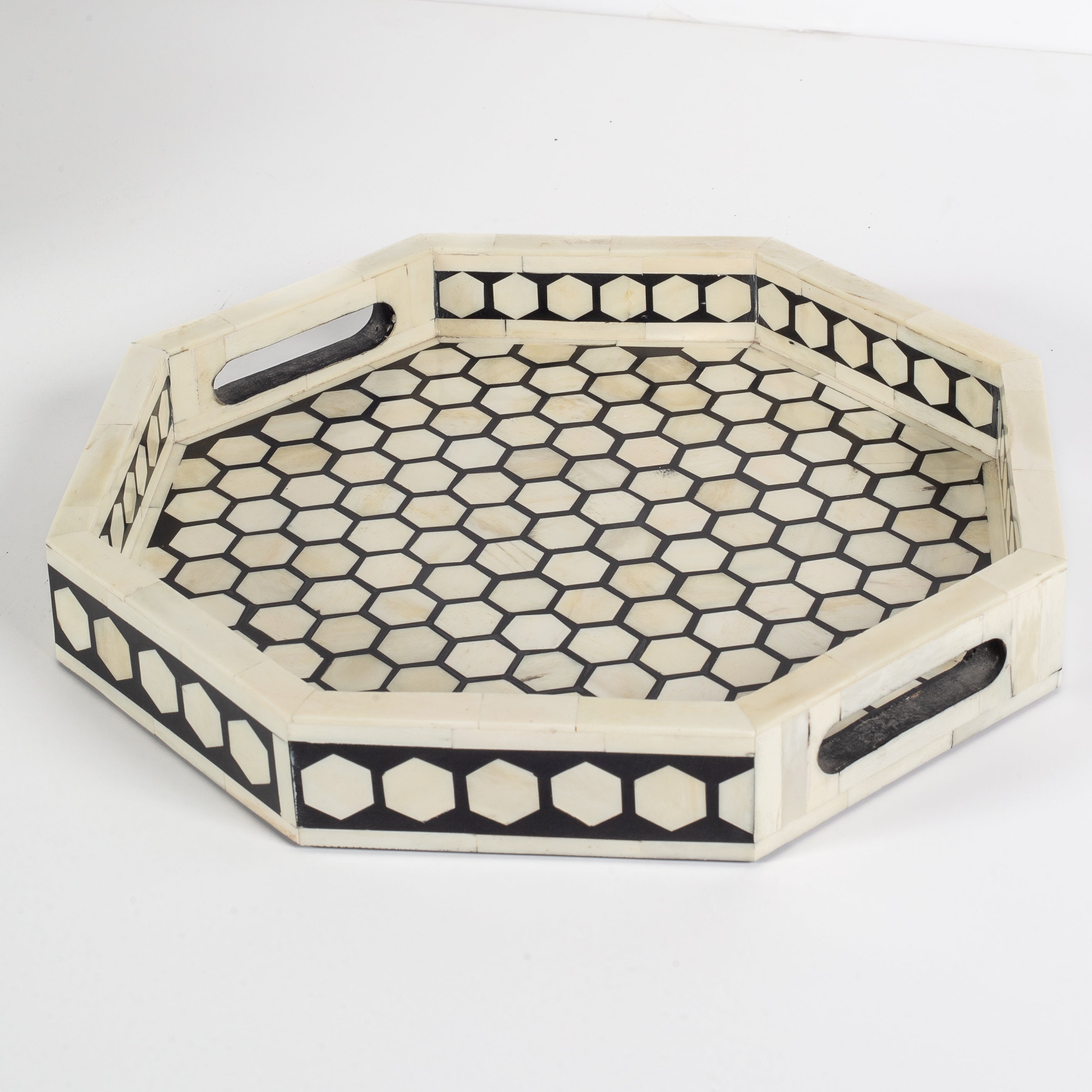 Vaan Tray – Black Bone Inlay by Tabeer Homes, handcrafted geometric bone-inlay decorative tray.