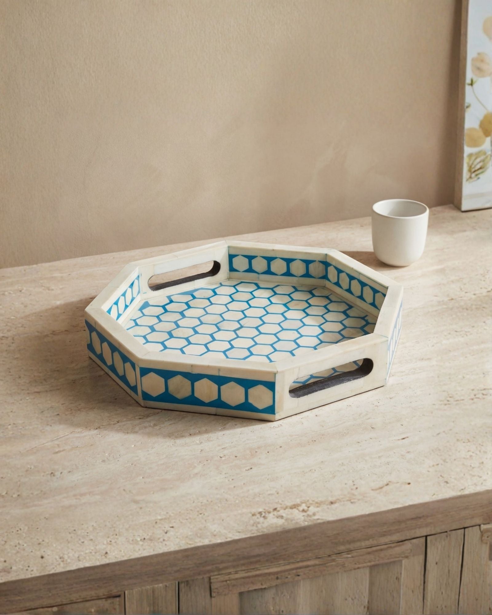 Blue bone inlay tray with hexagonal pattern, handcrafted decorative serving tray.

