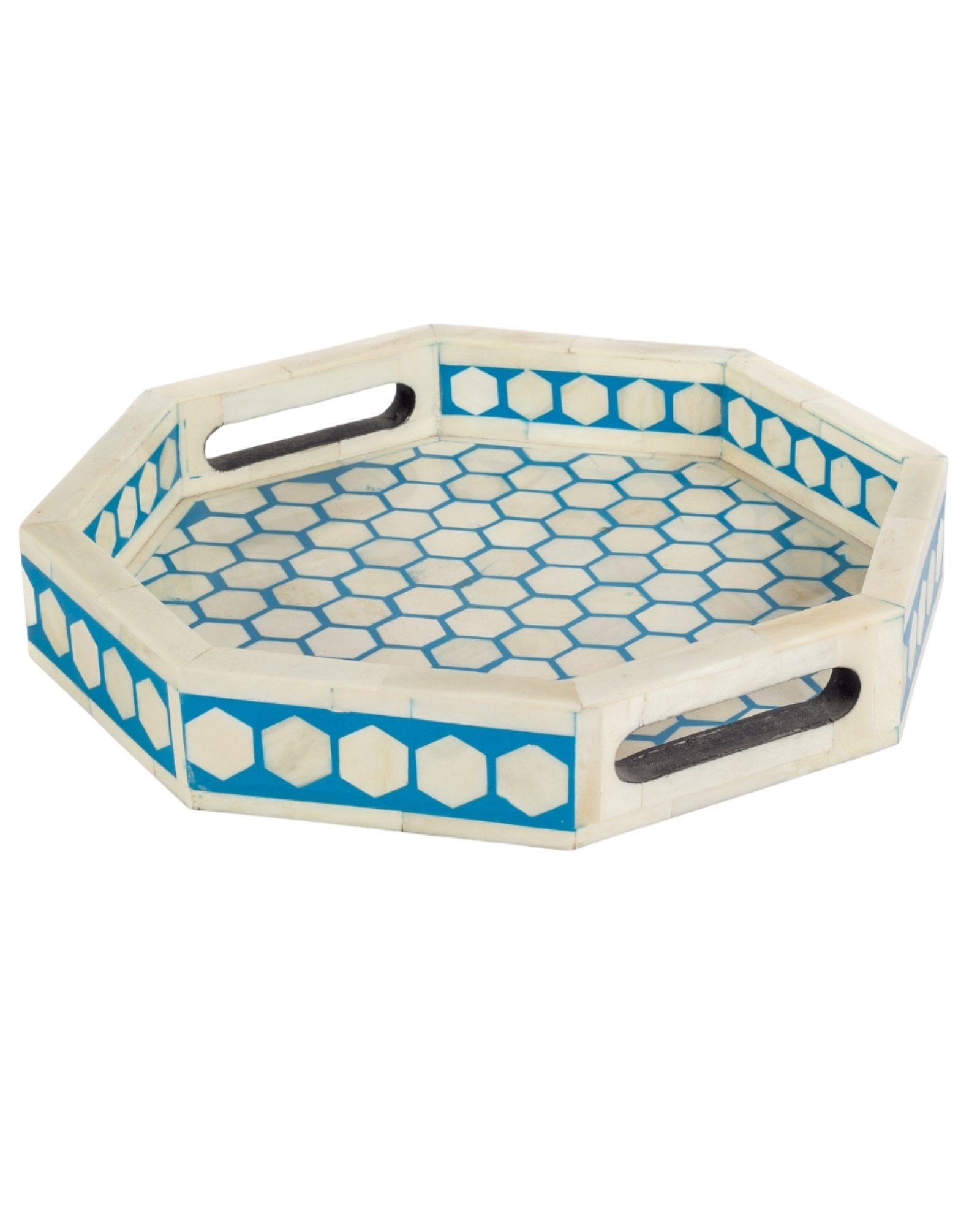 Blue bone inlay tray with hexagonal pattern, handcrafted decorative serving tray.