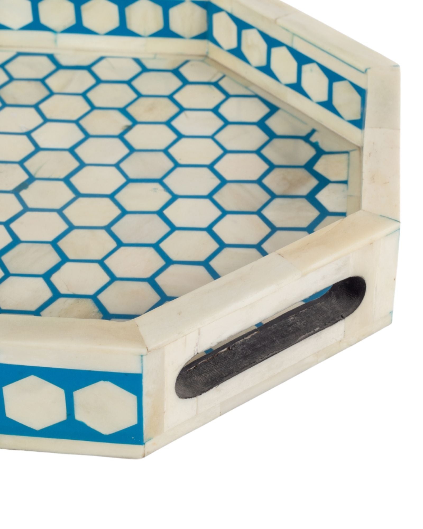 Blue bone inlay tray with hexagonal pattern, handcrafted decorative serving tray.