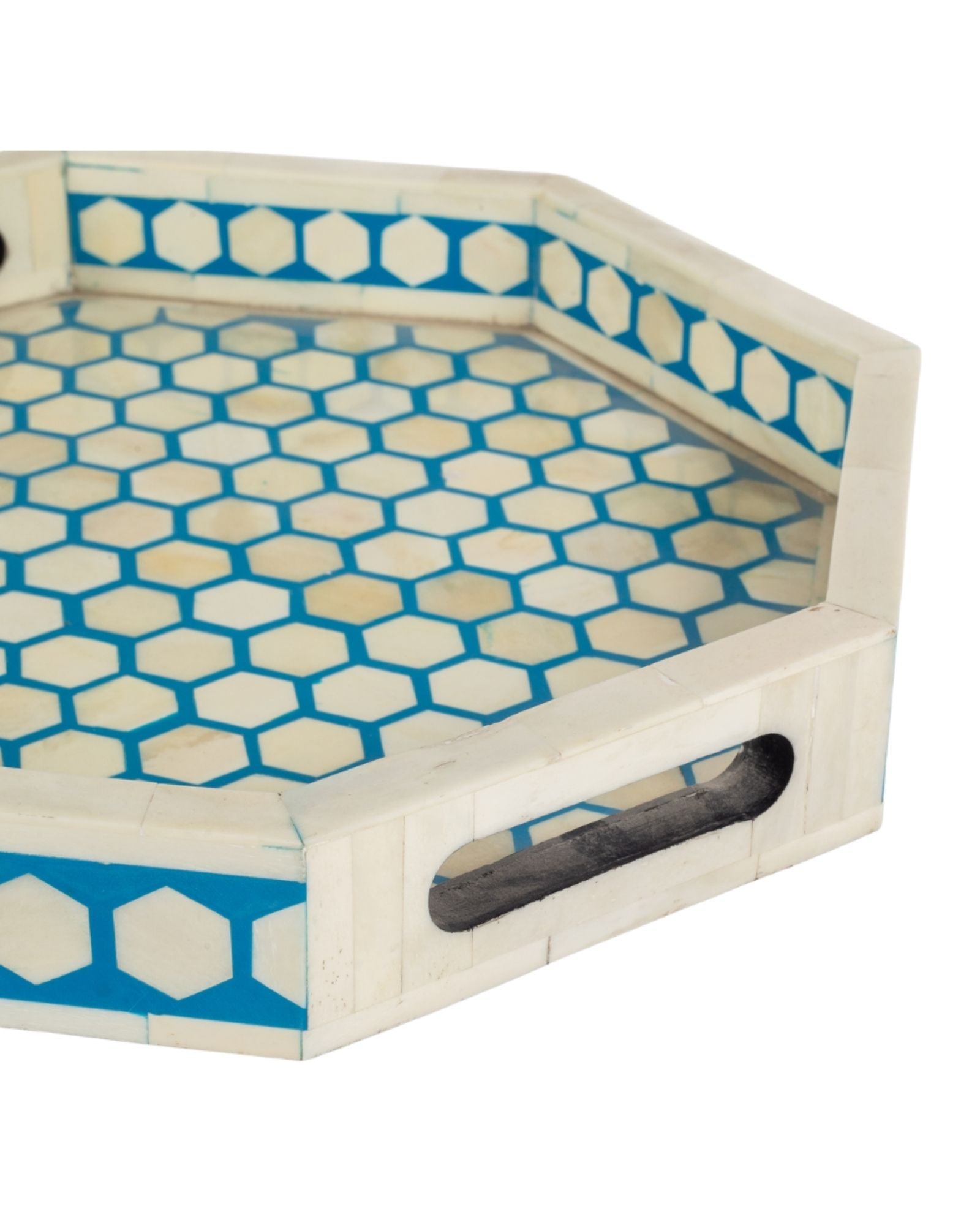 Blue bone inlay tray with hexagonal pattern, handcrafted decorative serving tray.