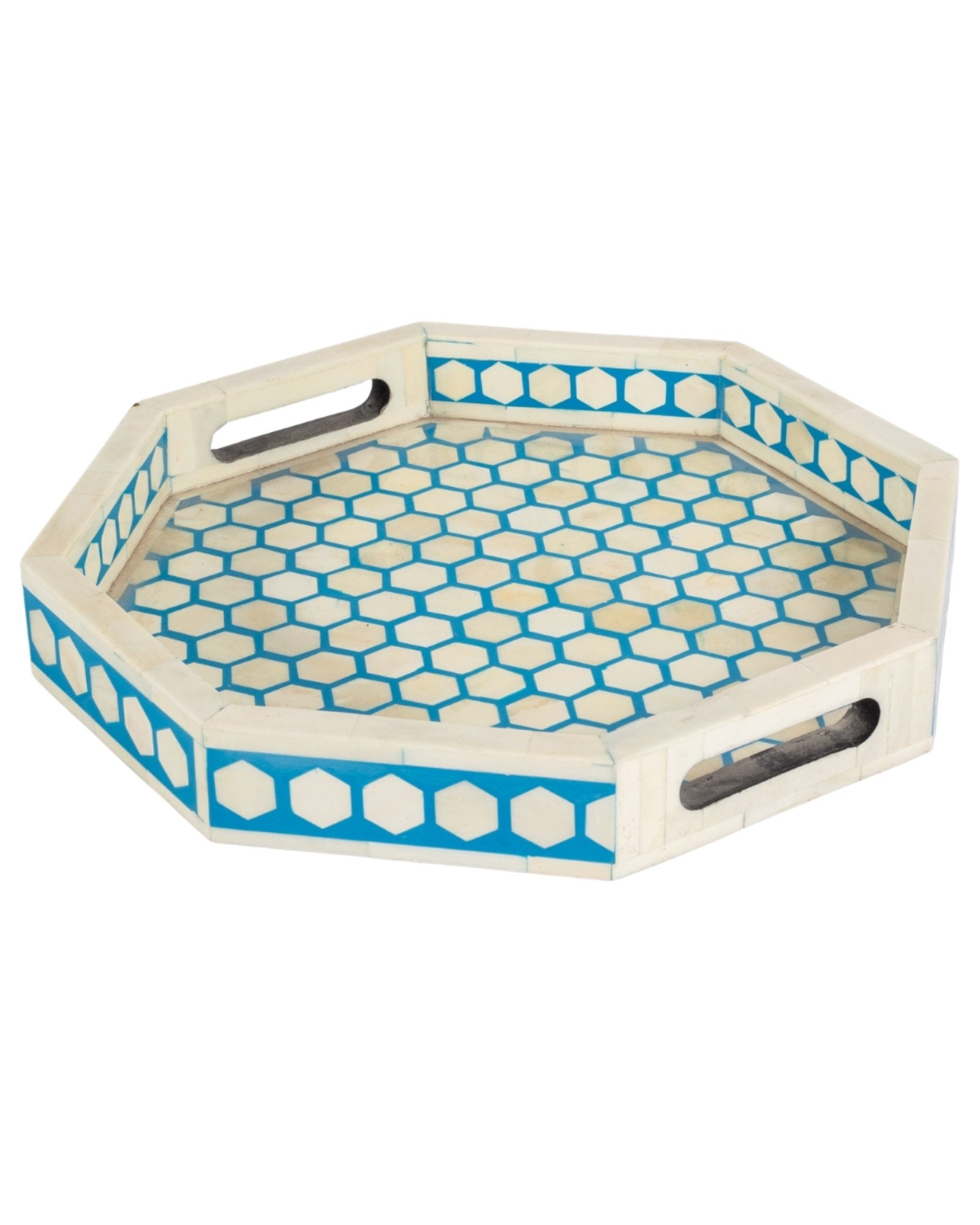 Blue bone inlay tray with hexagonal pattern, handcrafted decorative serving tray.