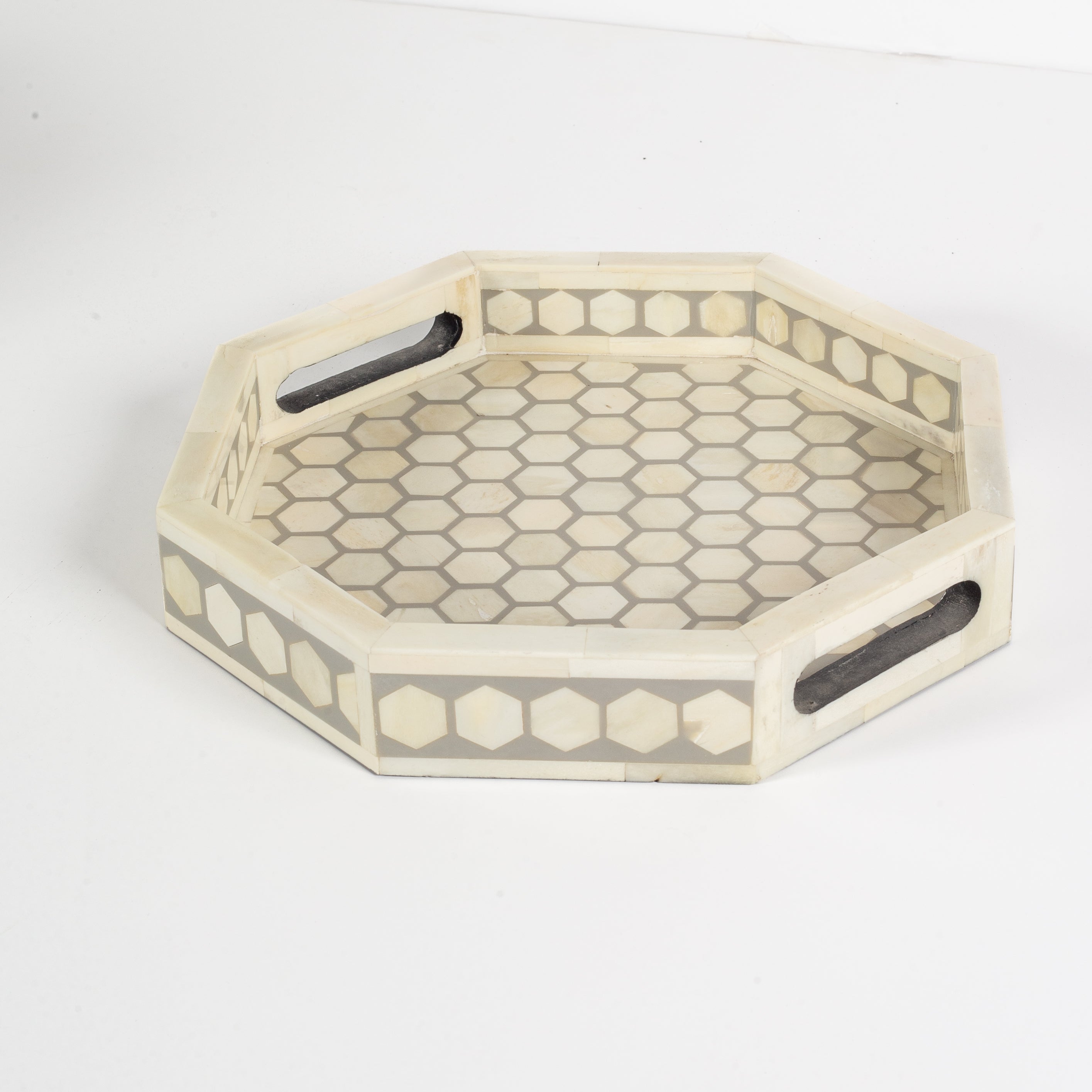 Vaan Tray – Grey Bone Inlay by Tabeer Homes, handcrafted geometric bone-inlay decorative tray.