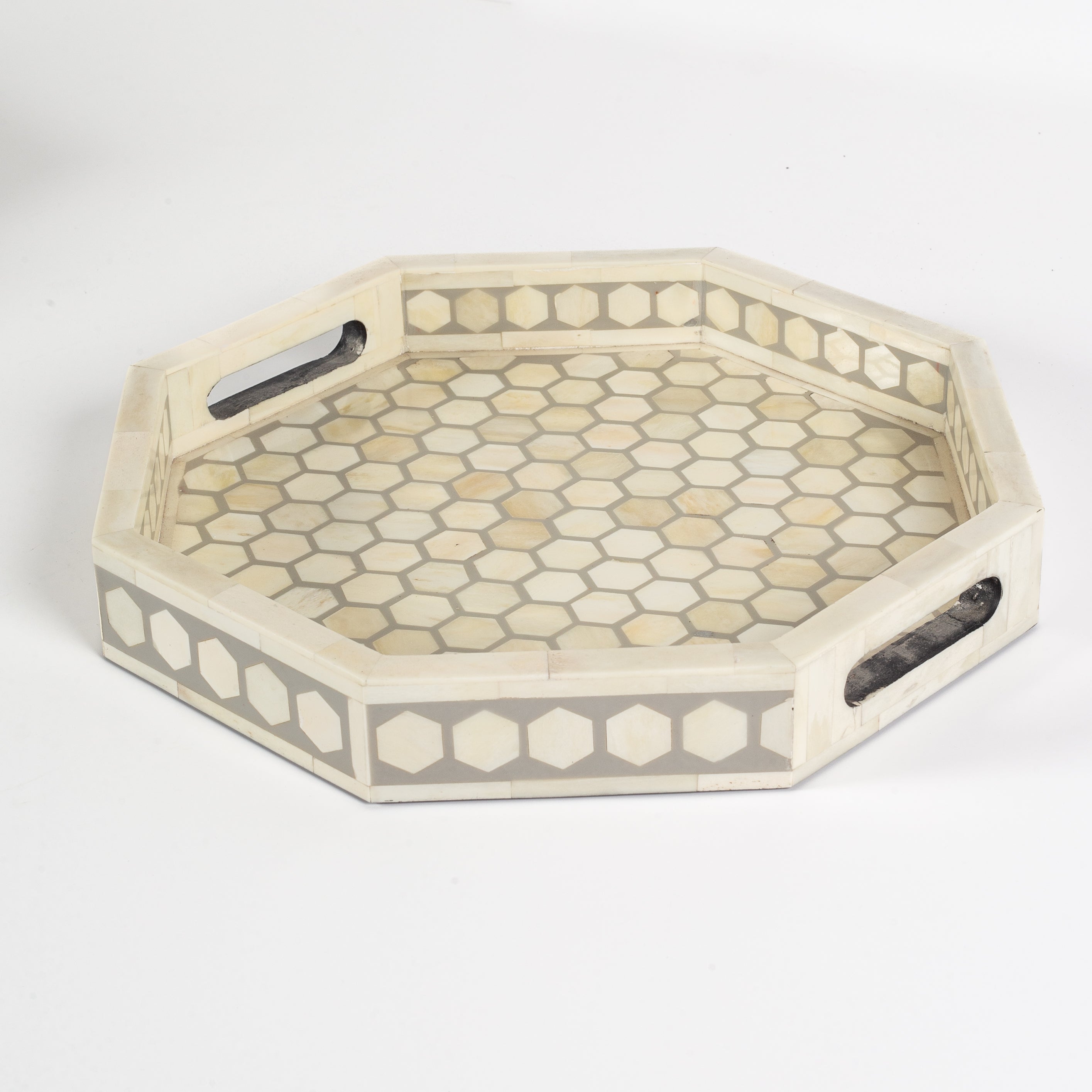 Vaan Tray – Grey Bone Inlay by Tabeer Homes, handcrafted geometric bone-inlay decorative tray.