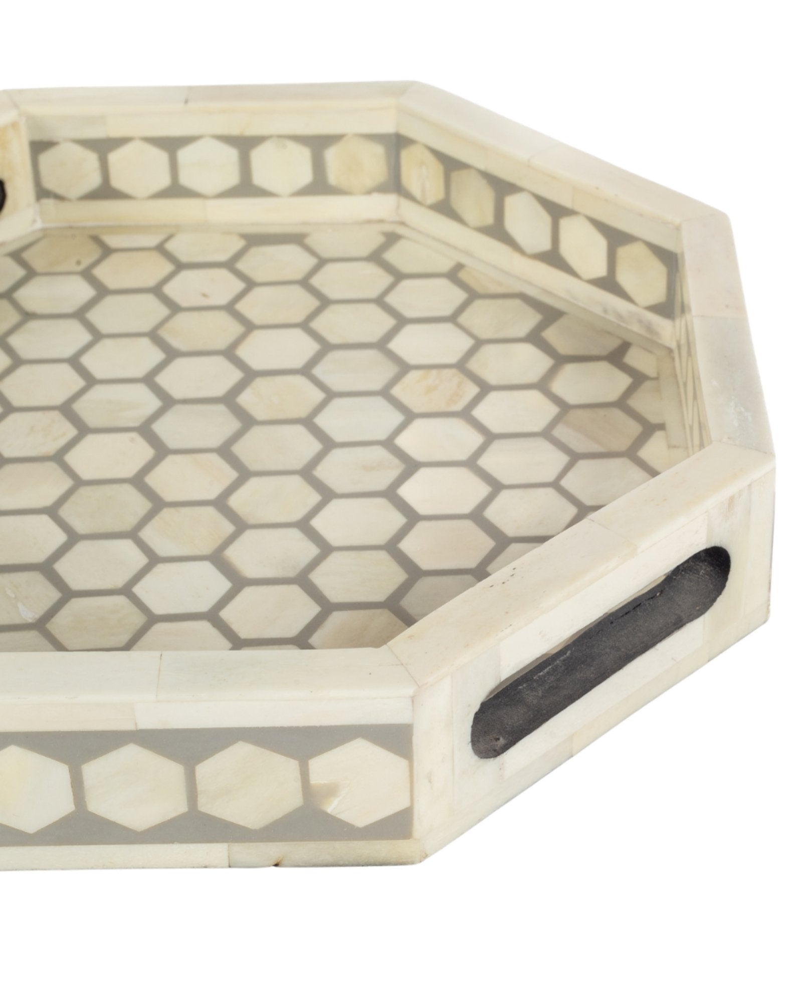 Grey bone inlay tray with hexagonal pattern, handcrafted decorative serving tray.