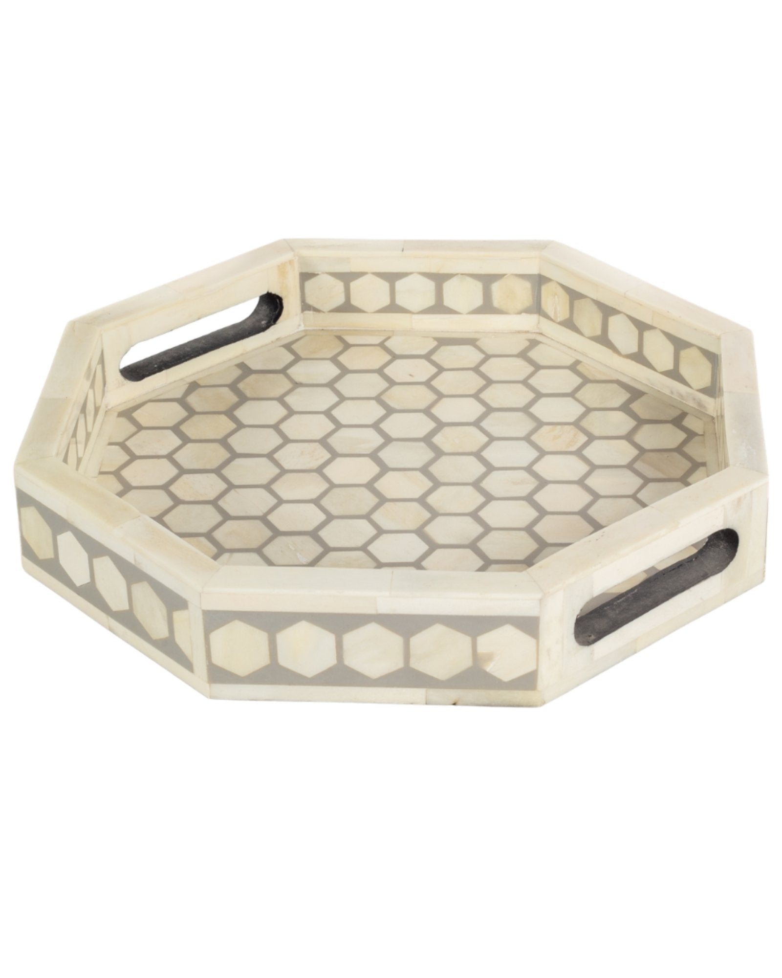 Grey bone inlay tray with hexagonal pattern, handcrafted decorative serving tray.