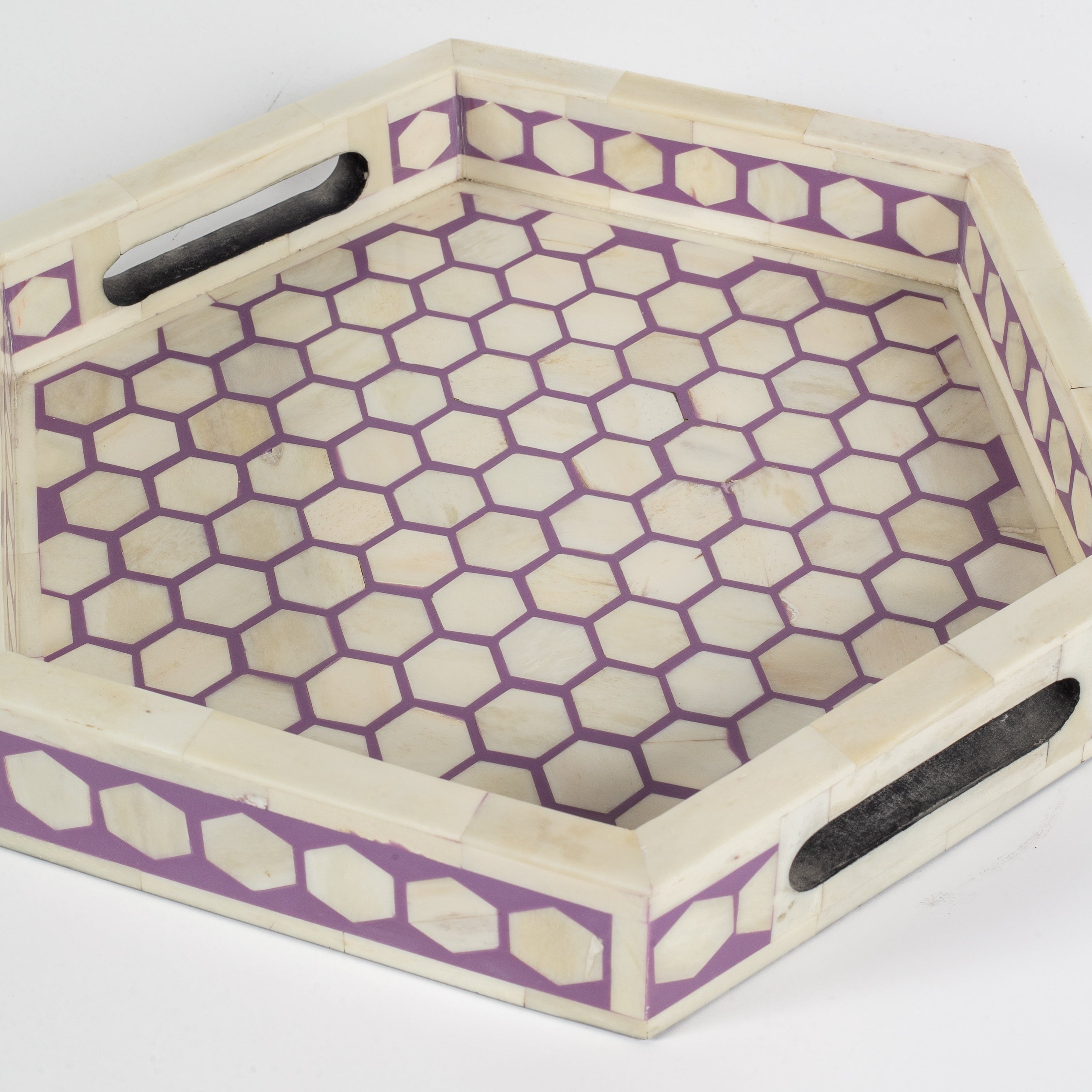 Vaan Tray – Purple Bone Inlay by Tabeer Homes, handcrafted geometric bone-inlay decorative tray.