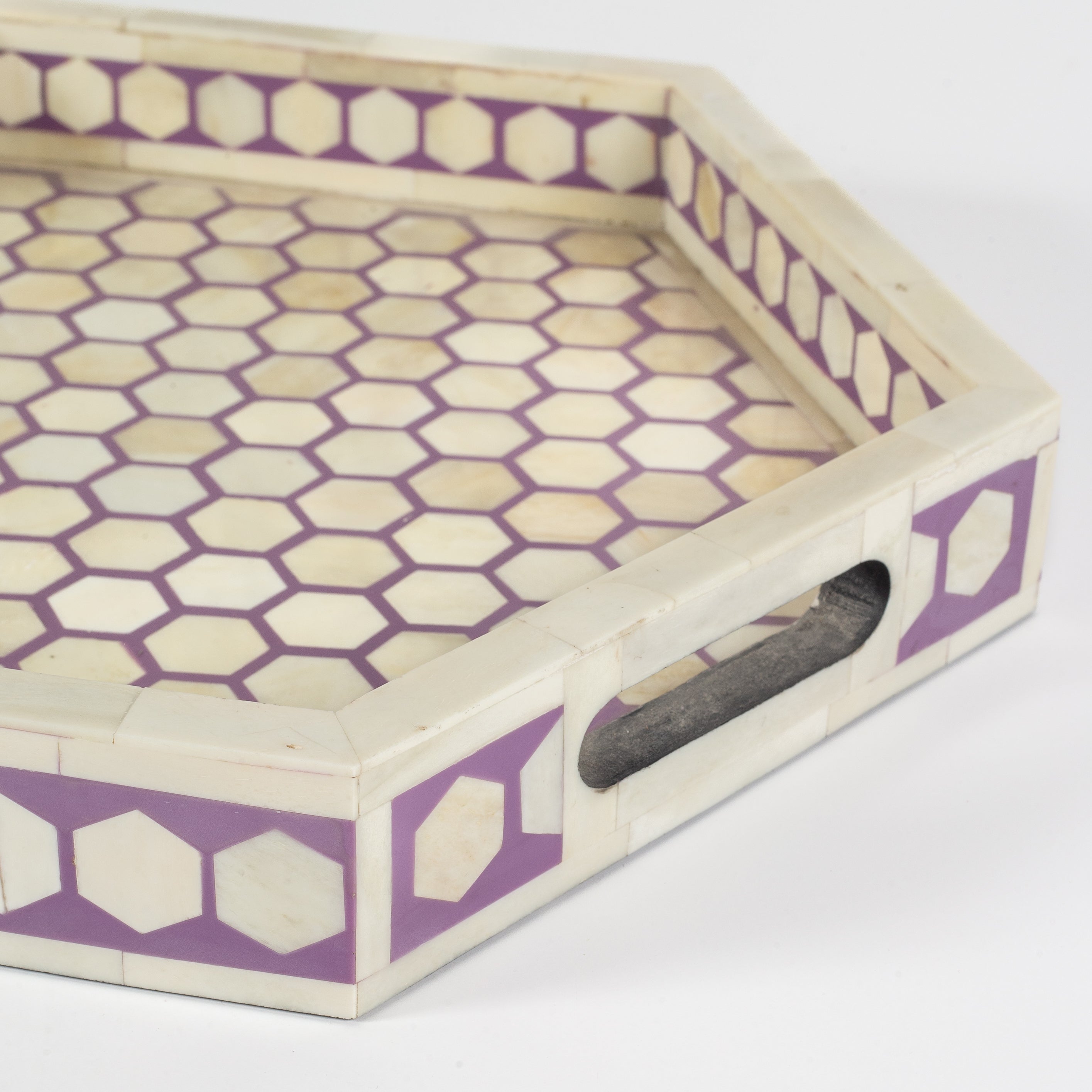 Vaan Tray – Purple Bone Inlay by Tabeer Homes, handcrafted geometric bone-inlay decorative tray.