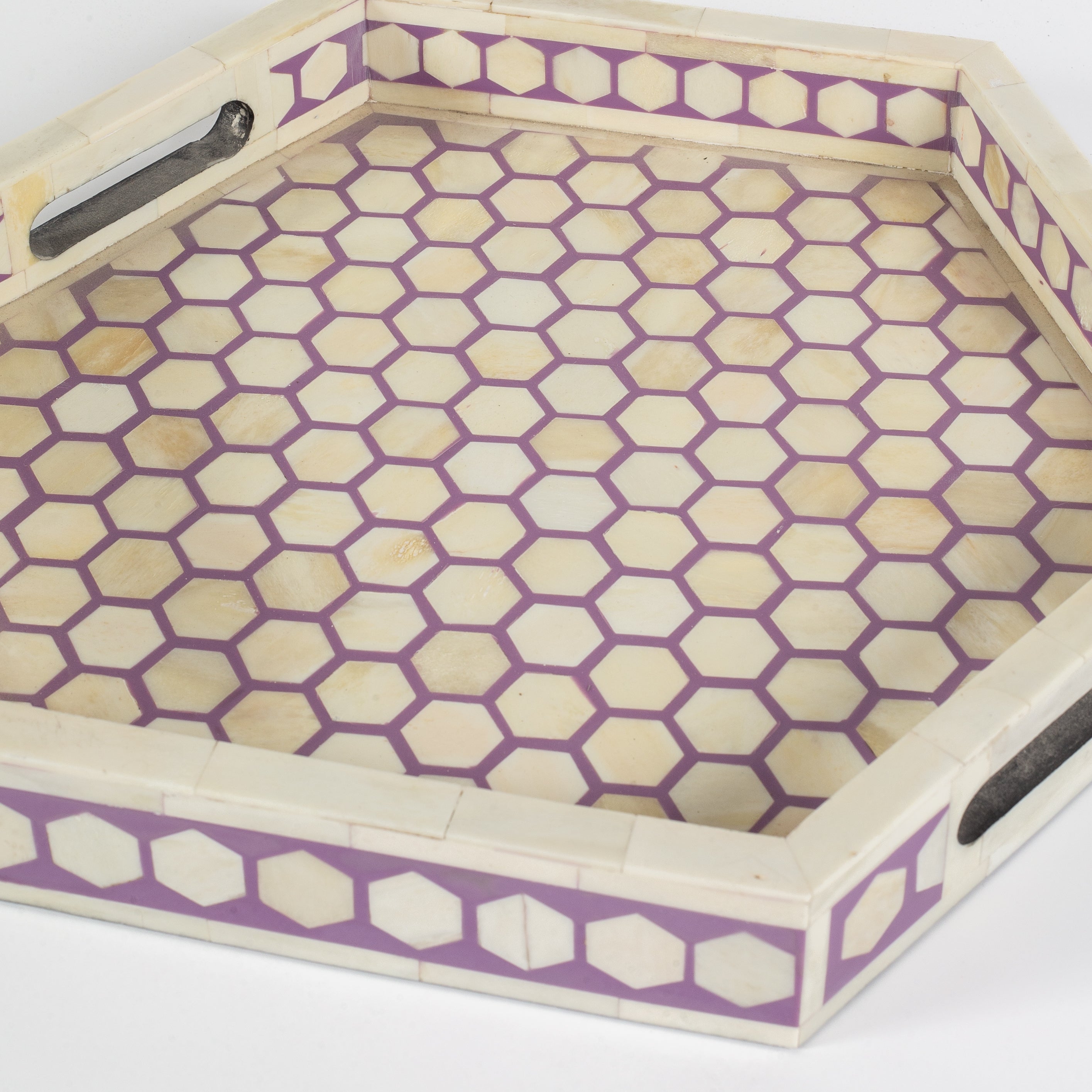 Vaan Tray – Purple Bone Inlay by Tabeer Homes, handcrafted geometric bone-inlay decorative tray.