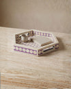 Purple bone inlay tray with hexagonal pattern, handcrafted decorative serving tray.
