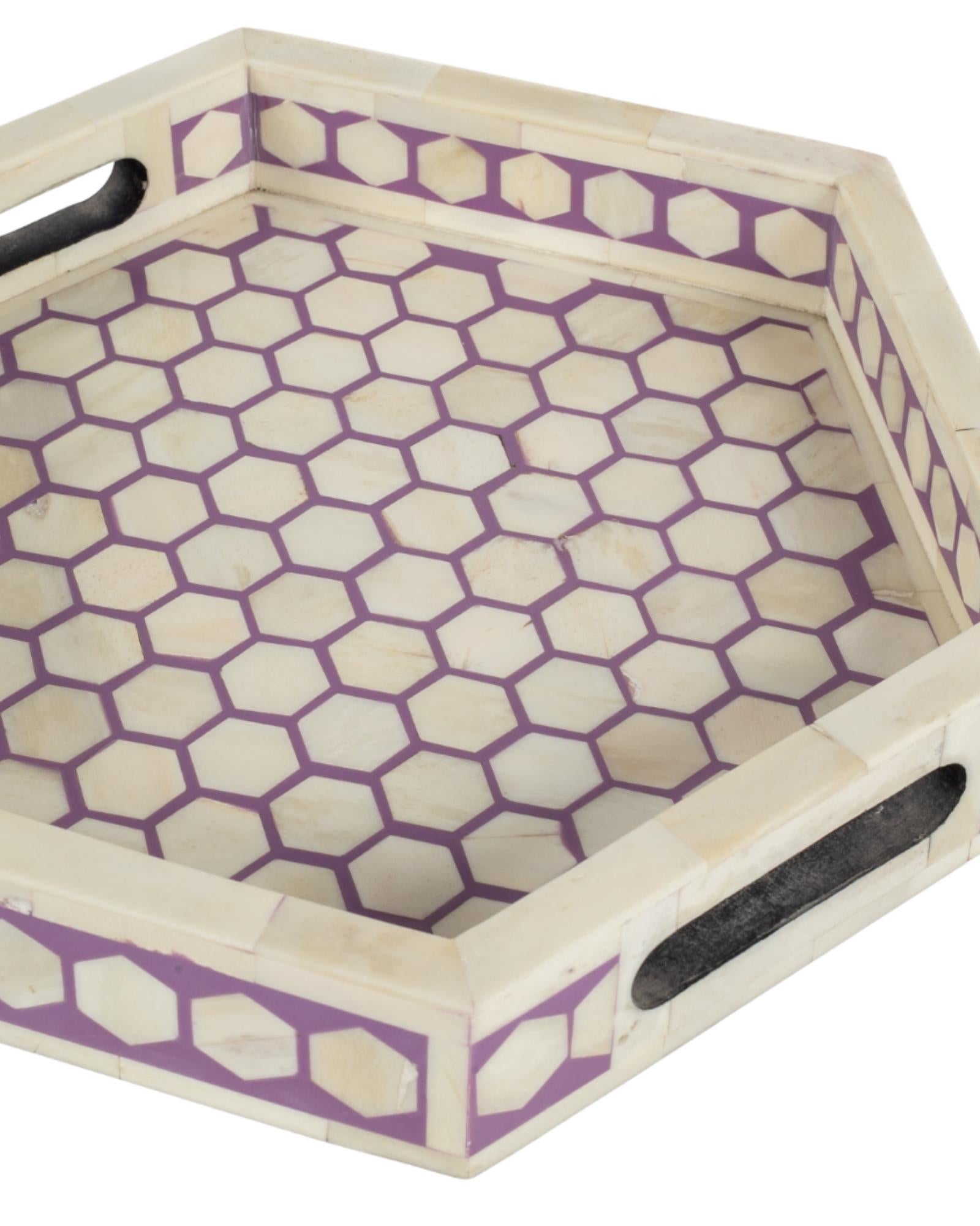 Purple bone inlay tray with hexagonal pattern, handcrafted decorative serving tray.