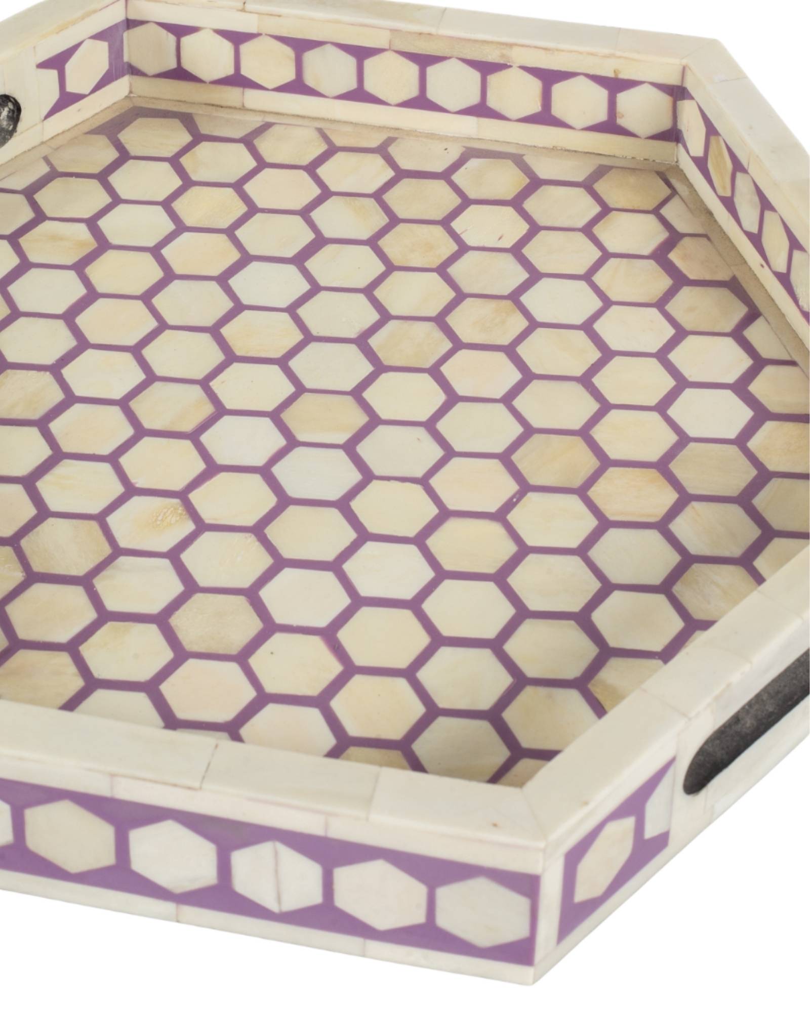 Purple bone inlay tray with hexagonal pattern, handcrafted decorative serving tray.