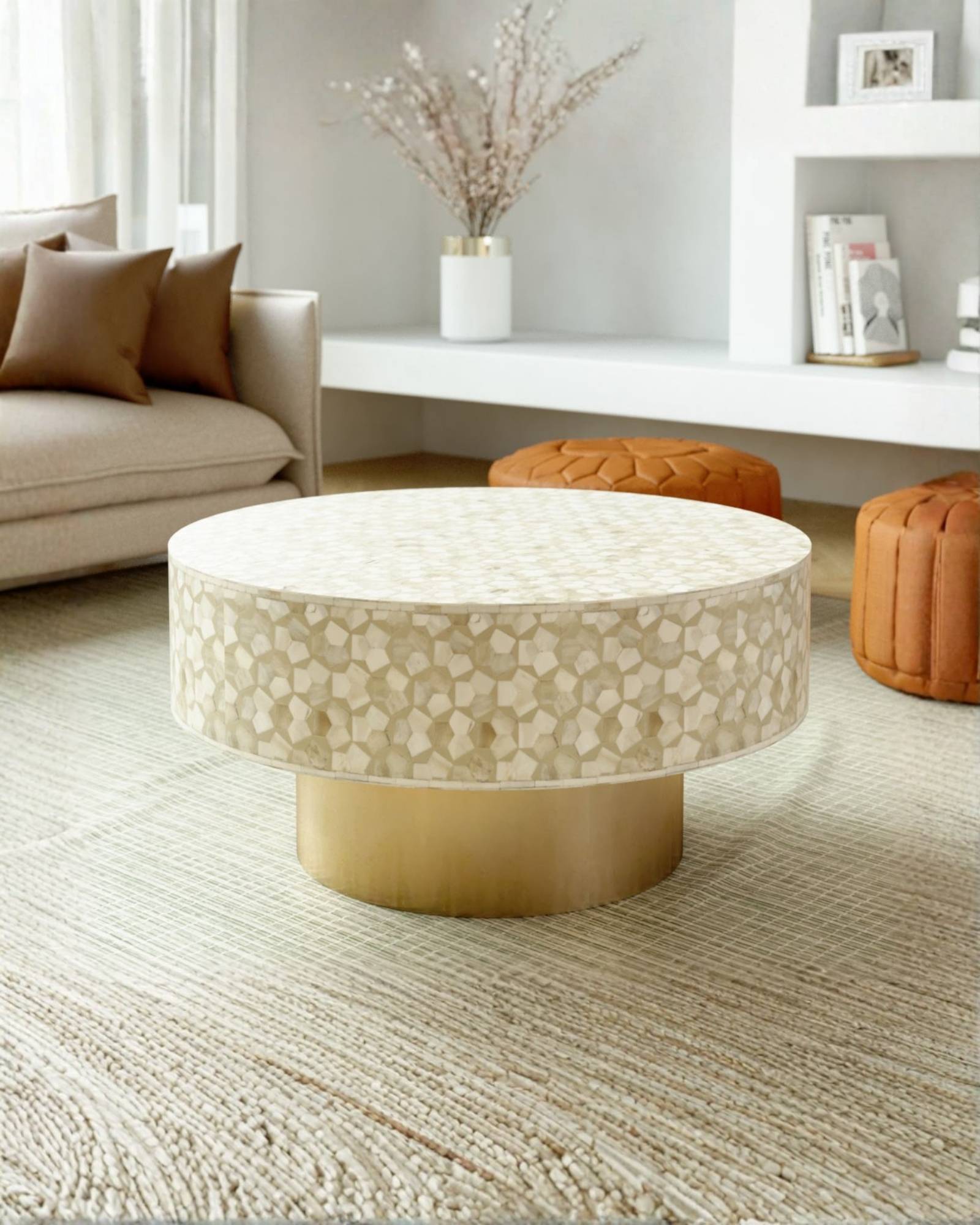 Round cream bone inlay coffee table with mosaic pattern and a gold base. Available in two size variants for versatile use.
