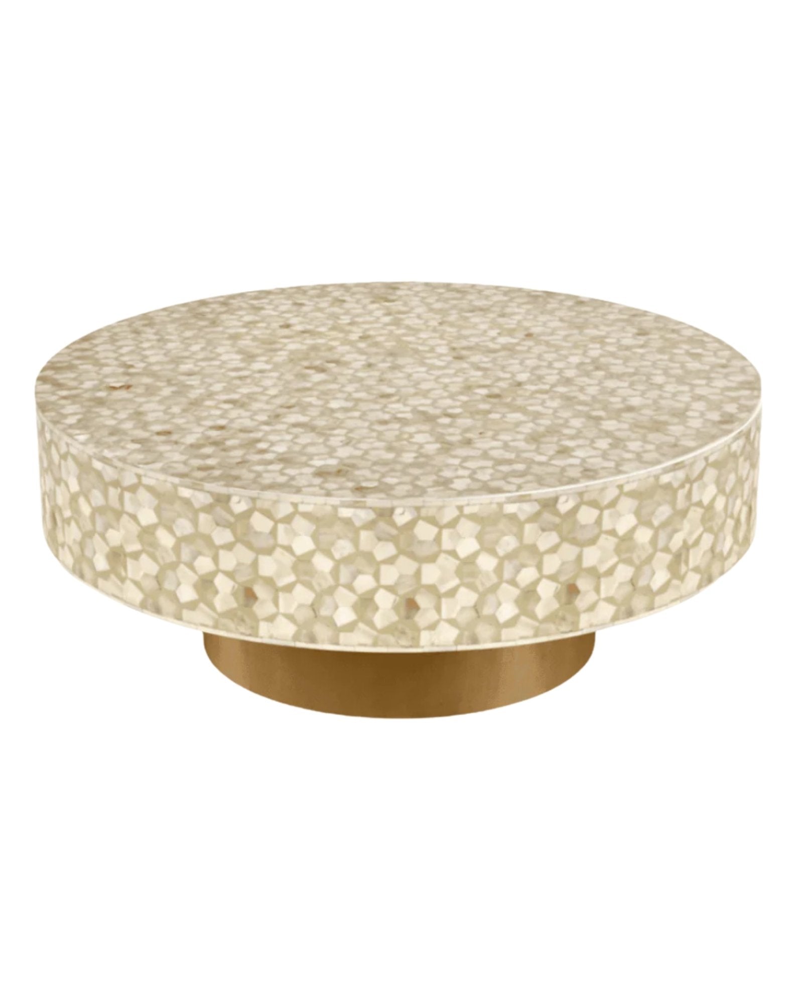 Round cream bone inlay coffee table with mosaic pattern and a gold base. Available in two size variants for versatile use.