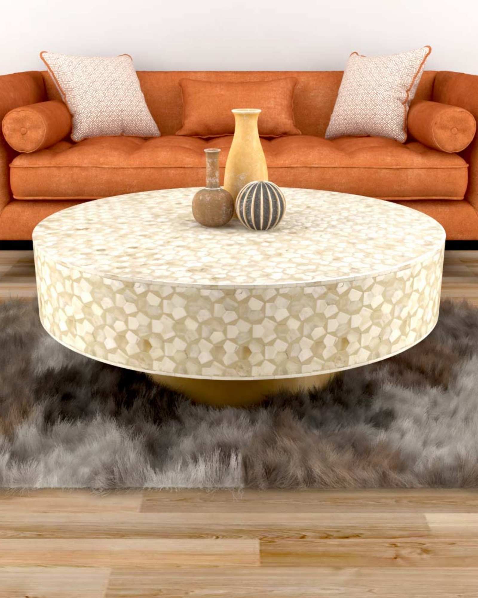 Round cream bone inlay coffee table with mosaic pattern and a gold base. Available in two size variants for versatile use.