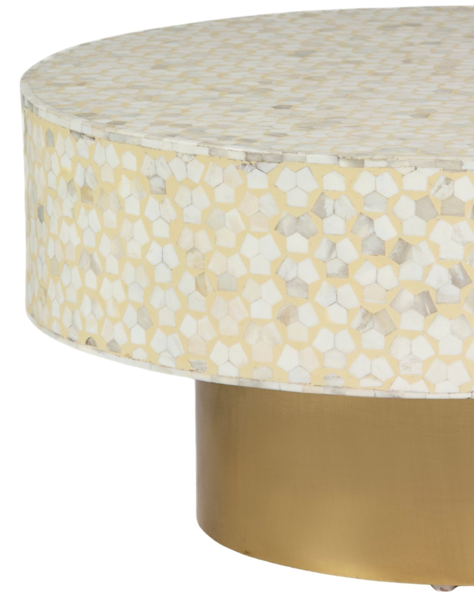 Round cream bone inlay coffee table with mosaic pattern and a gold base. Available in two size variants for versatile use.
