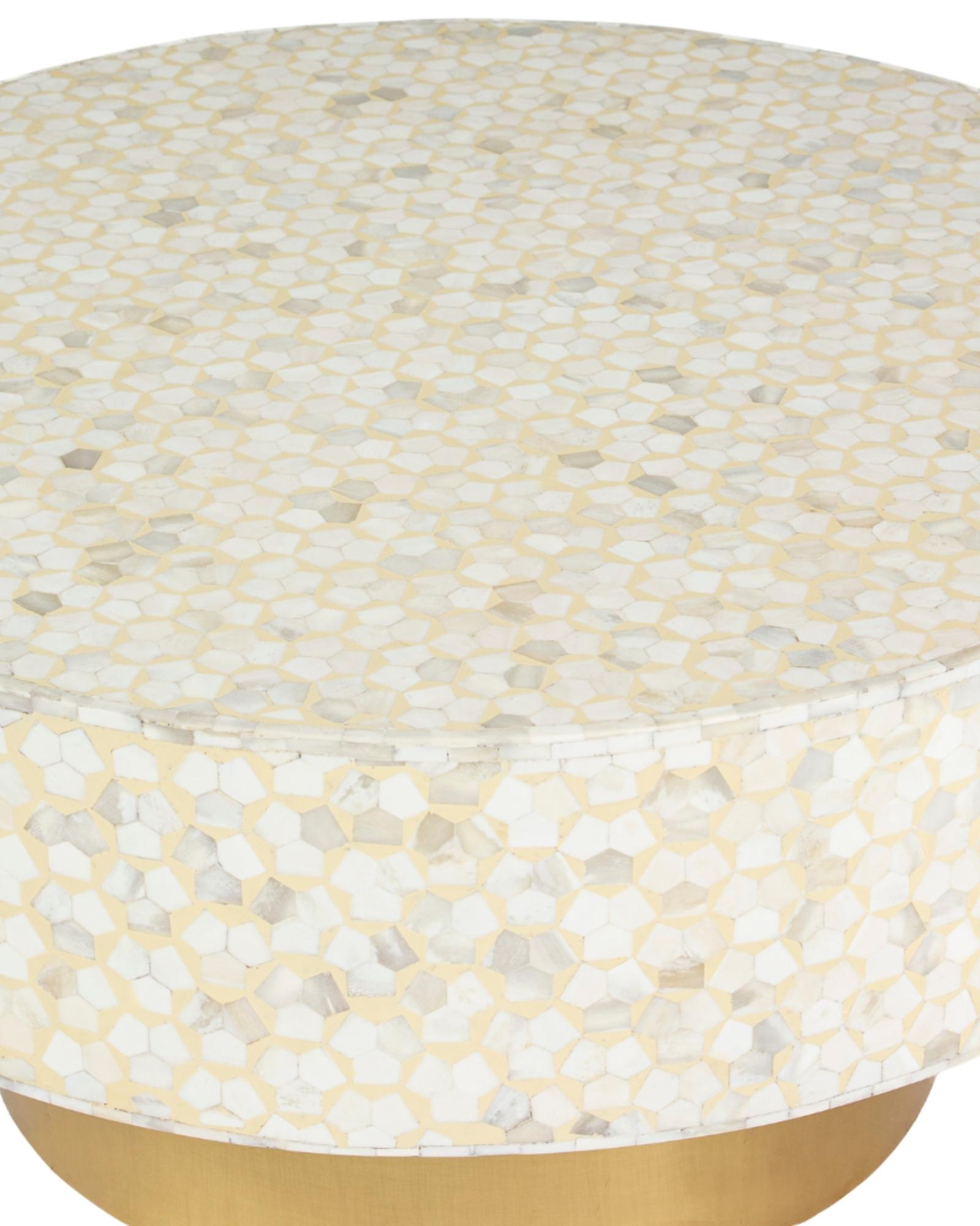 Round cream bone inlay coffee table with mosaic pattern and a gold base. Available in two size variants for versatile use.
